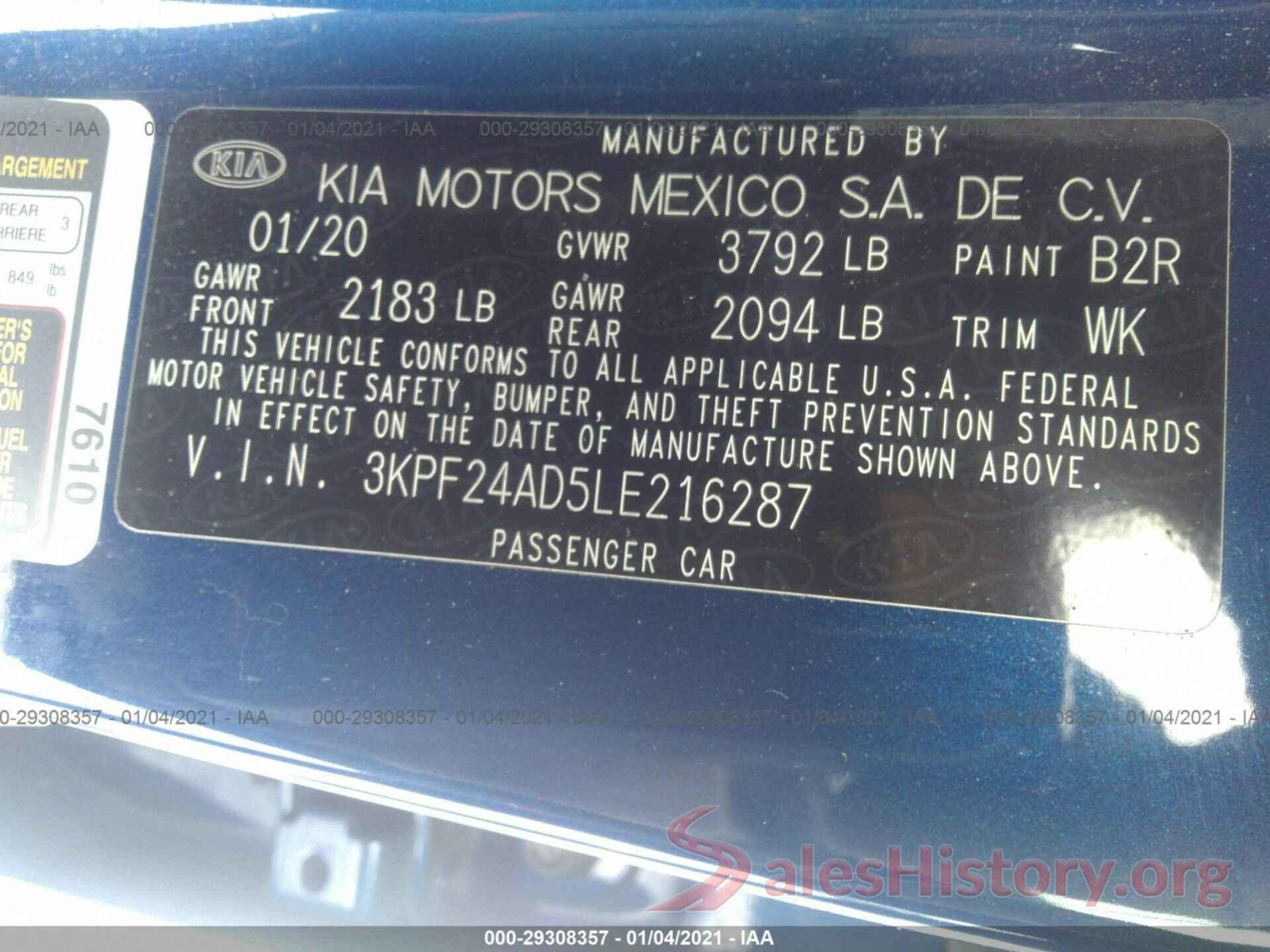 3KPF24AD5LE216287 2020 KIA FORTE