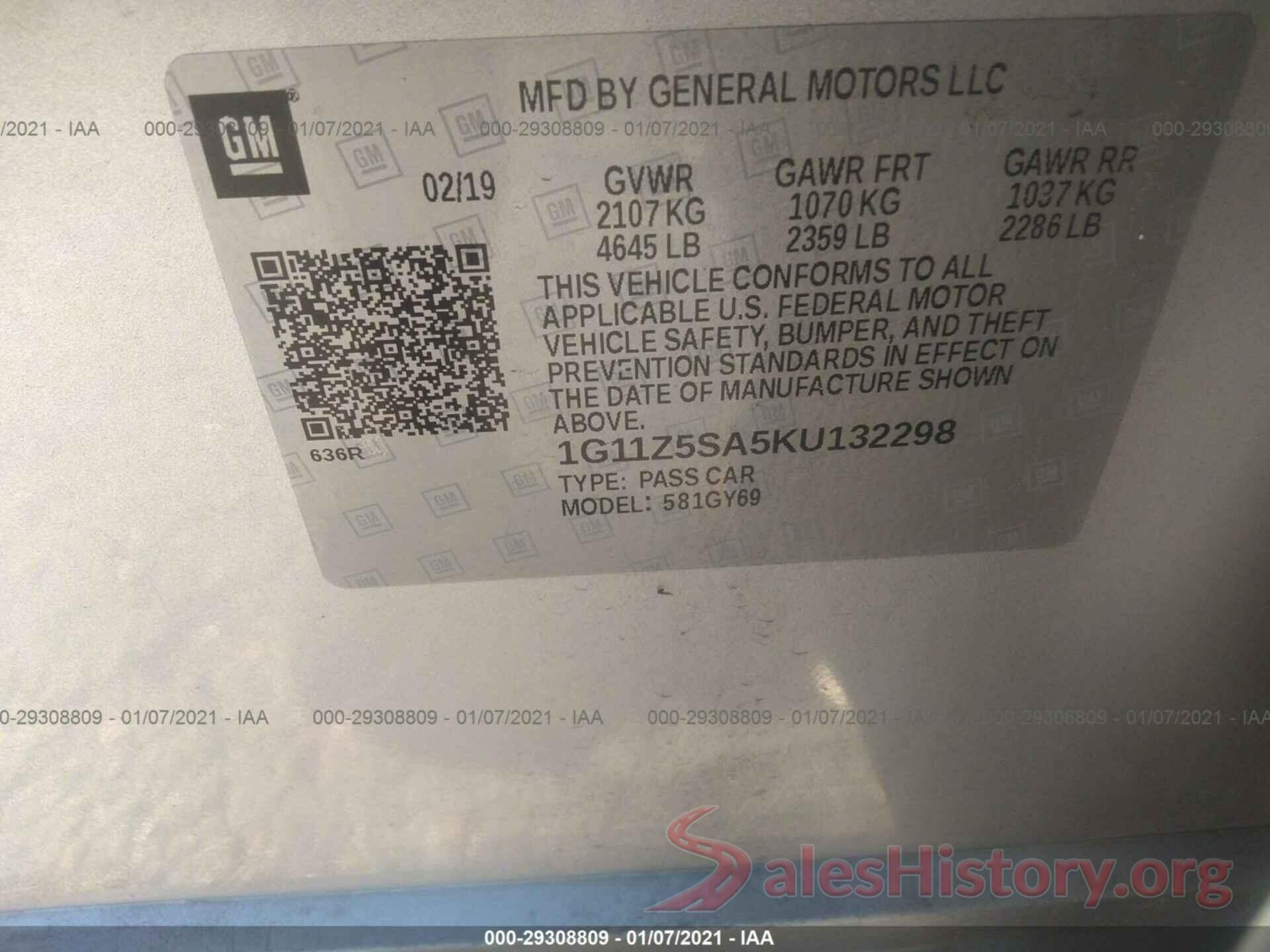 1G11Z5SA5KU132298 2019 CHEVROLET IMPALA