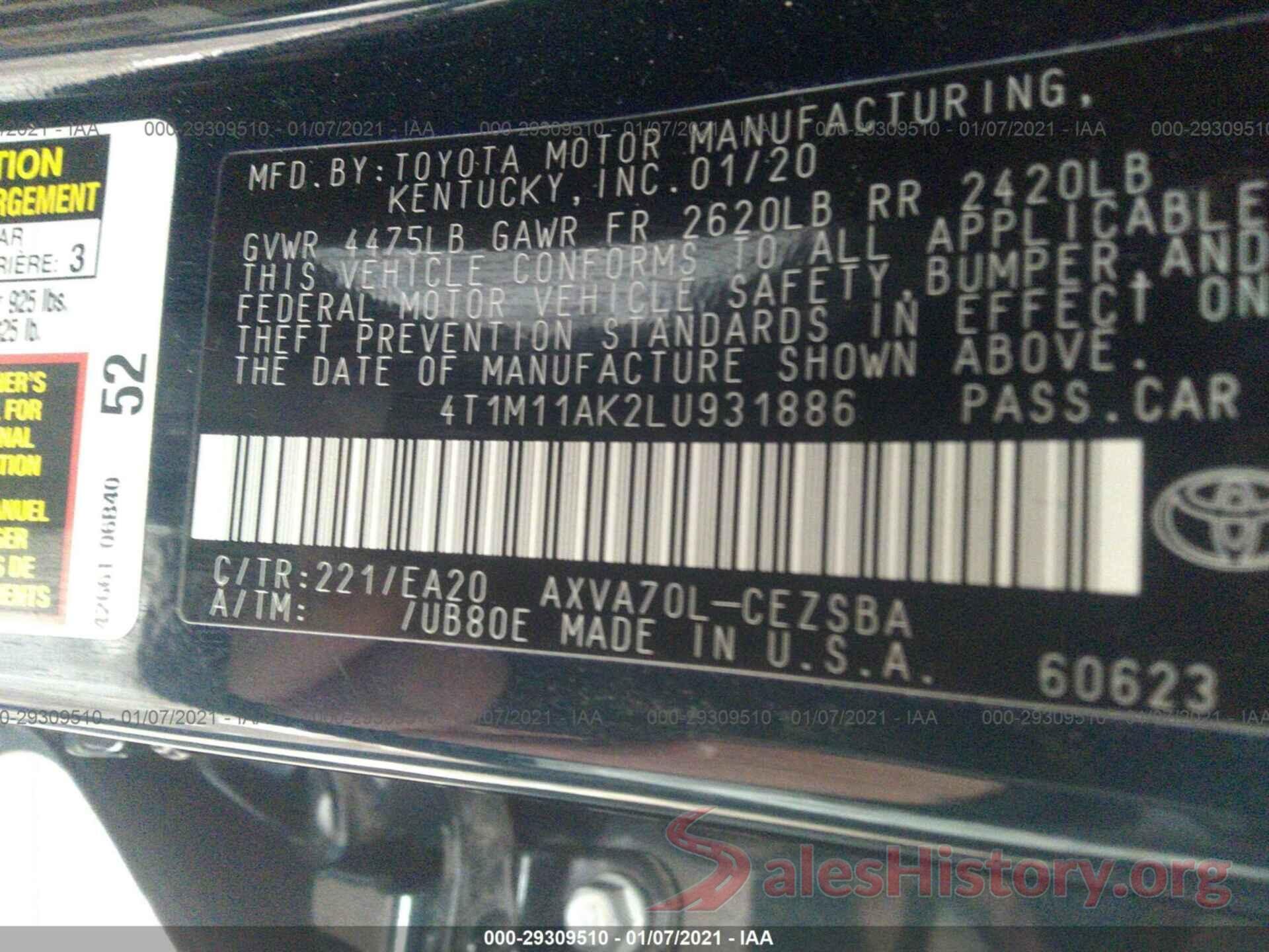 4T1M11AK2LU931886 2020 TOYOTA CAMRY