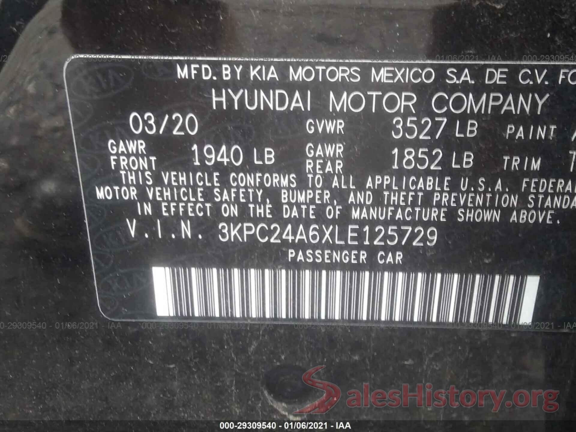 3KPC24A6XLE125729 2020 HYUNDAI ACCENT