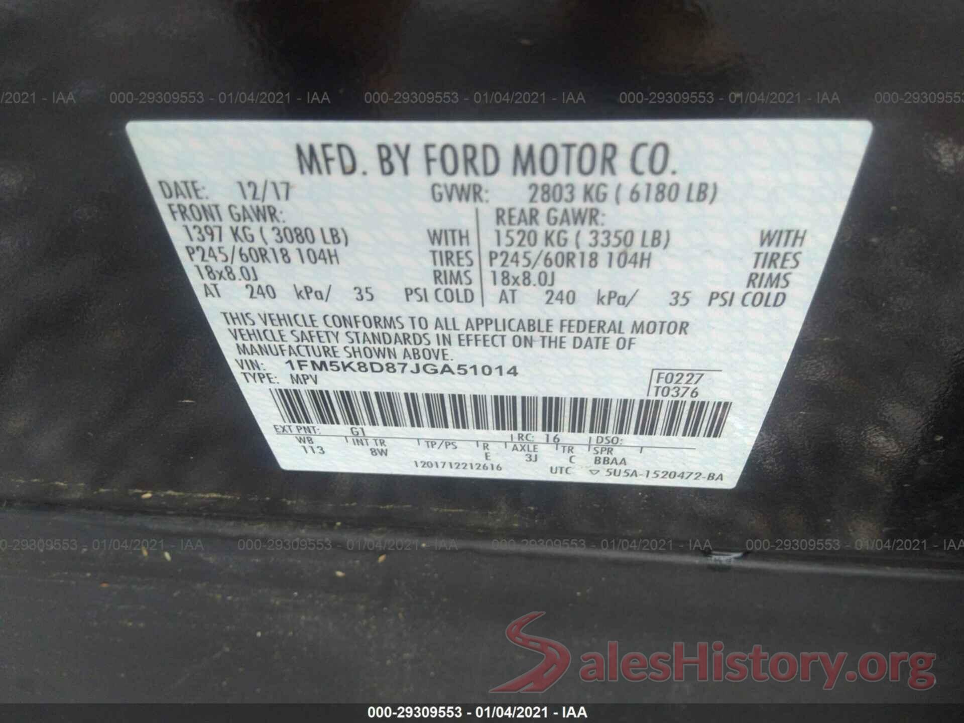 1FM5K8D87JGA51014 2018 FORD EXPLORER