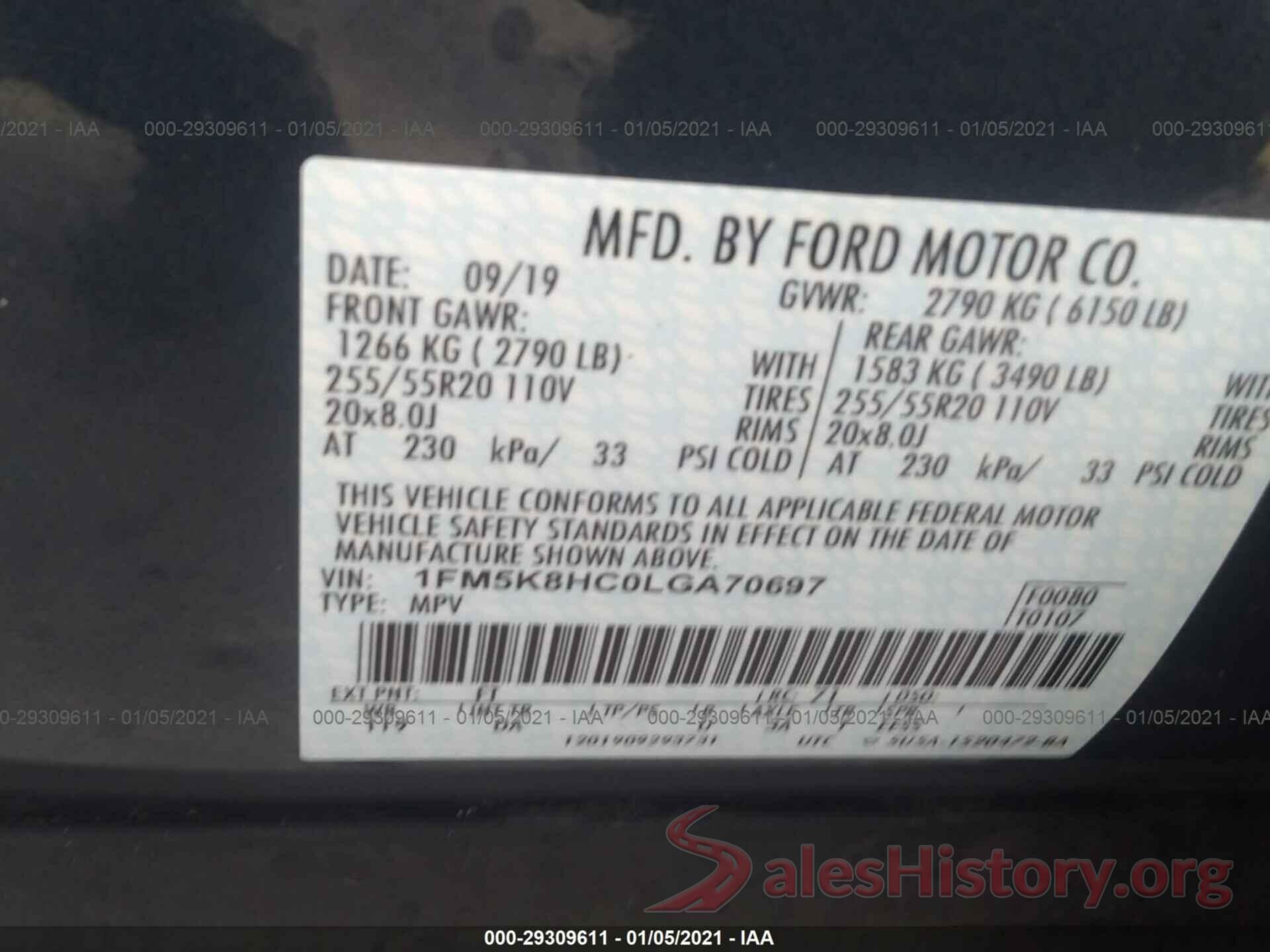 1FM5K8HC0LGA70697 2020 FORD EXPLORER