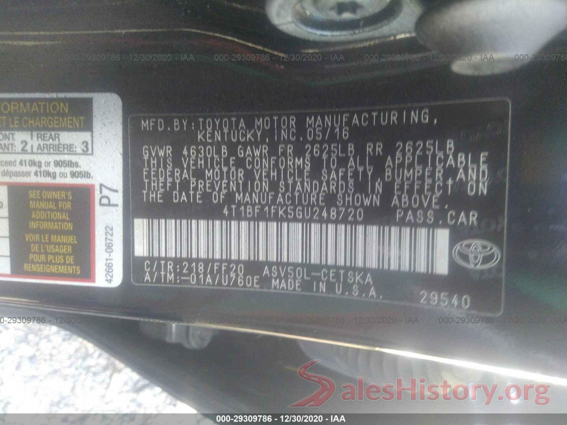 4T1BF1FK5GU248720 2016 TOYOTA CAMRY