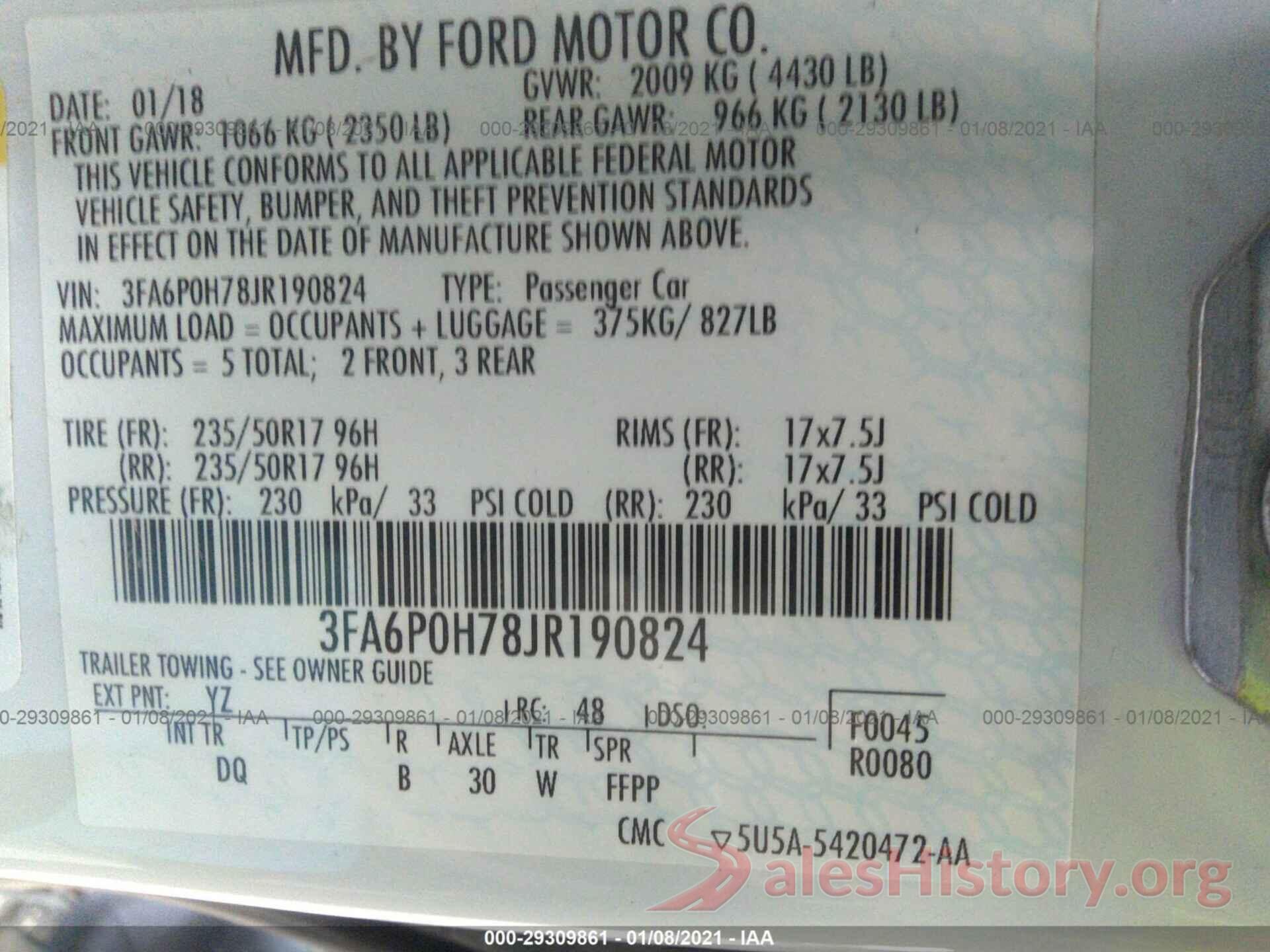 3FA6P0H78JR190824 2018 FORD FUSION