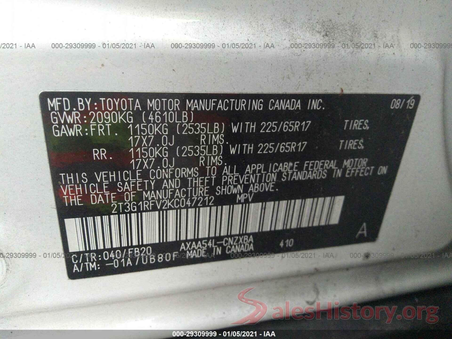 2T3G1RFV2KC047212 2019 TOYOTA RAV4