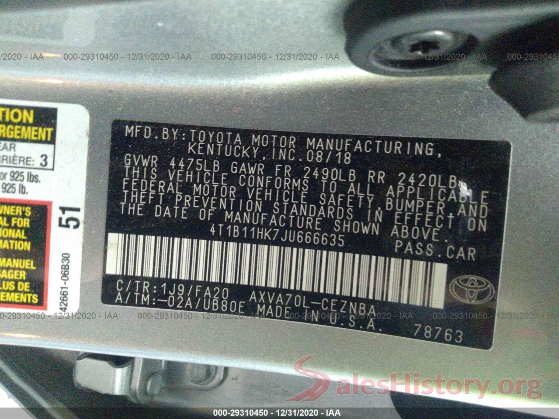 4T1B11HK7JU666635 2018 TOYOTA CAMRY