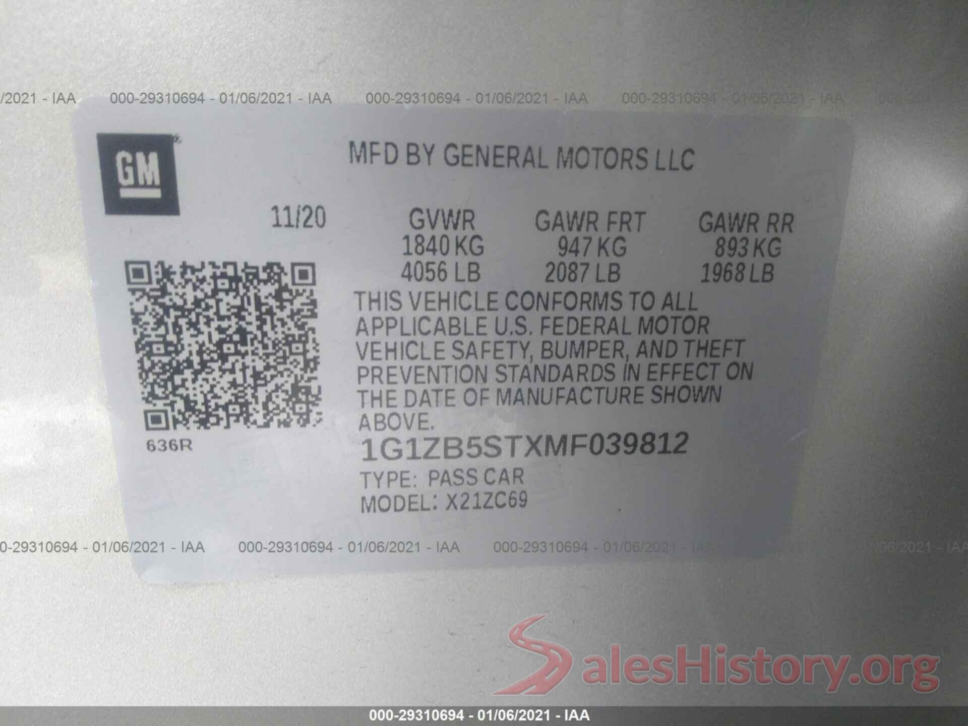 1G1ZB5STXMF039812 2021 CHEVROLET MALIBU