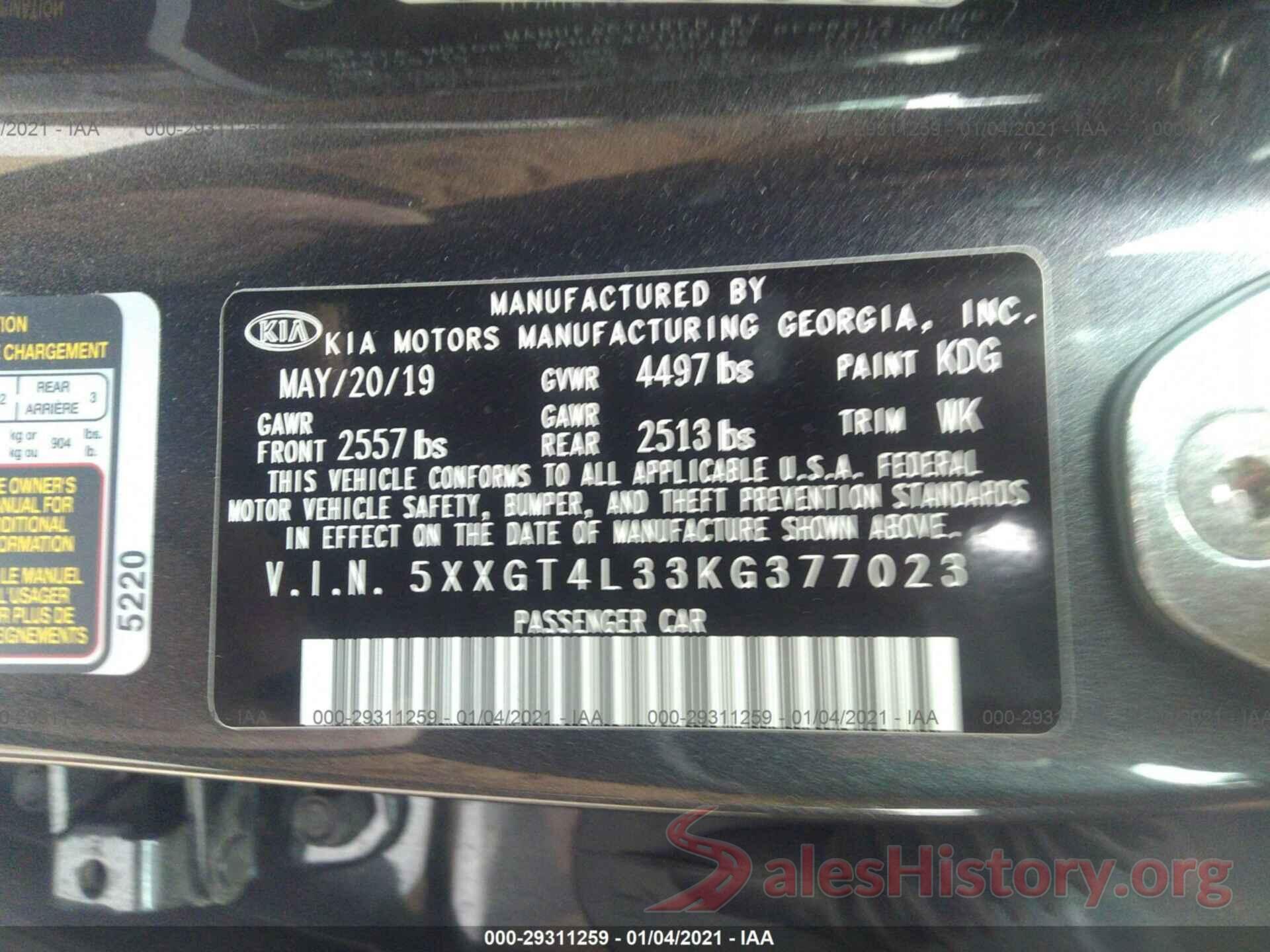 5XXGT4L33KG377023 2019 KIA OPTIMA