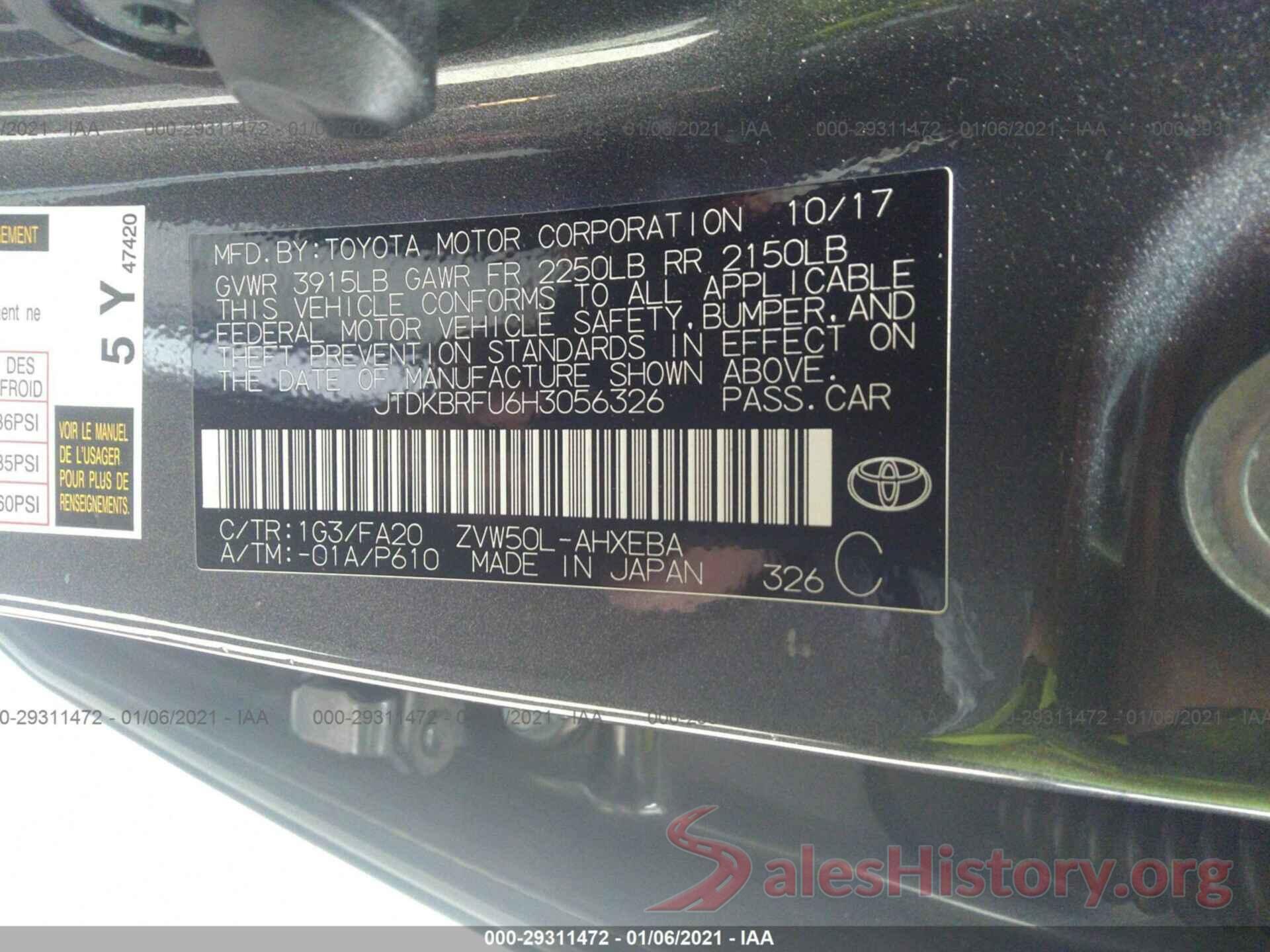 JTDKBRFU6H3056326 2017 TOYOTA PRIUS