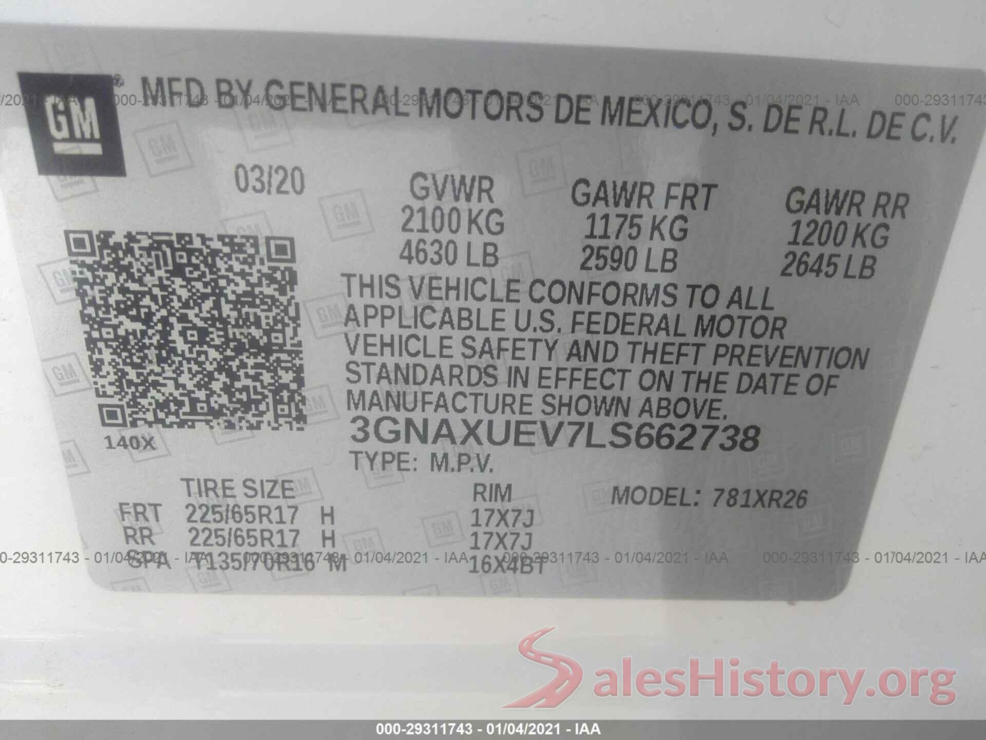 3GNAXUEV7LS662738 2020 CHEVROLET EQUINOX