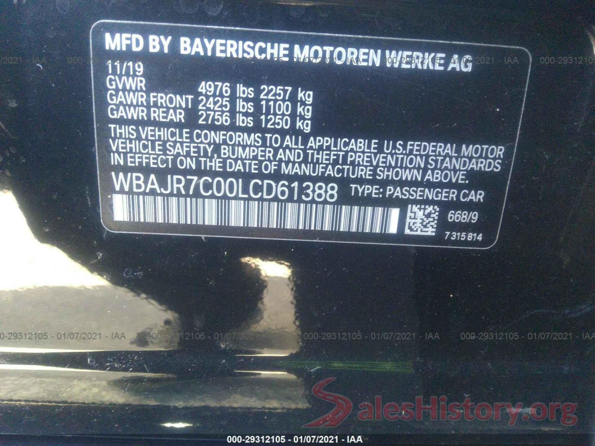 WBAJR7C00LCD61388 2020 BMW 5 SERIES