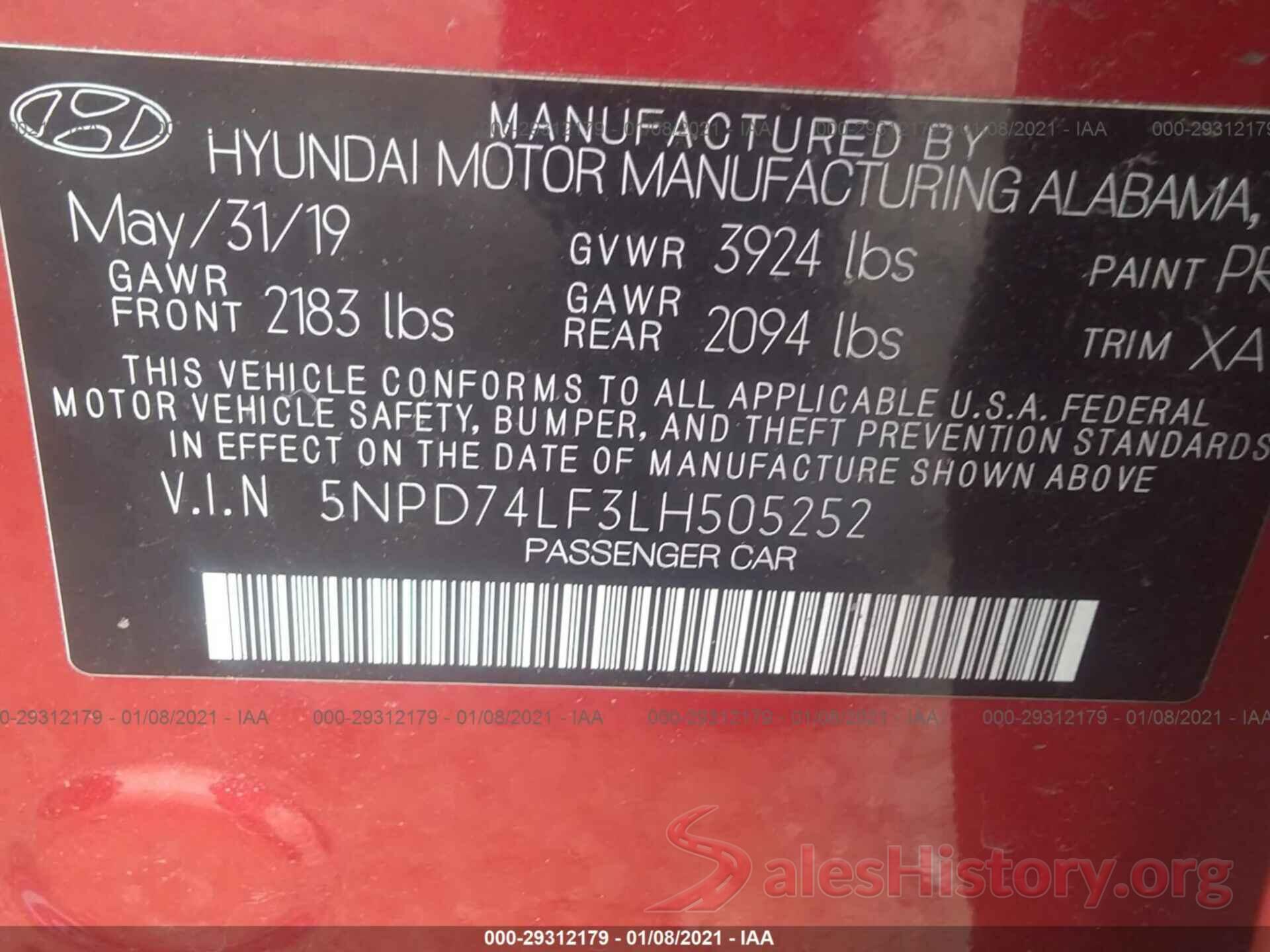 5NPD74LF3LH505252 2020 HYUNDAI ELANTRA