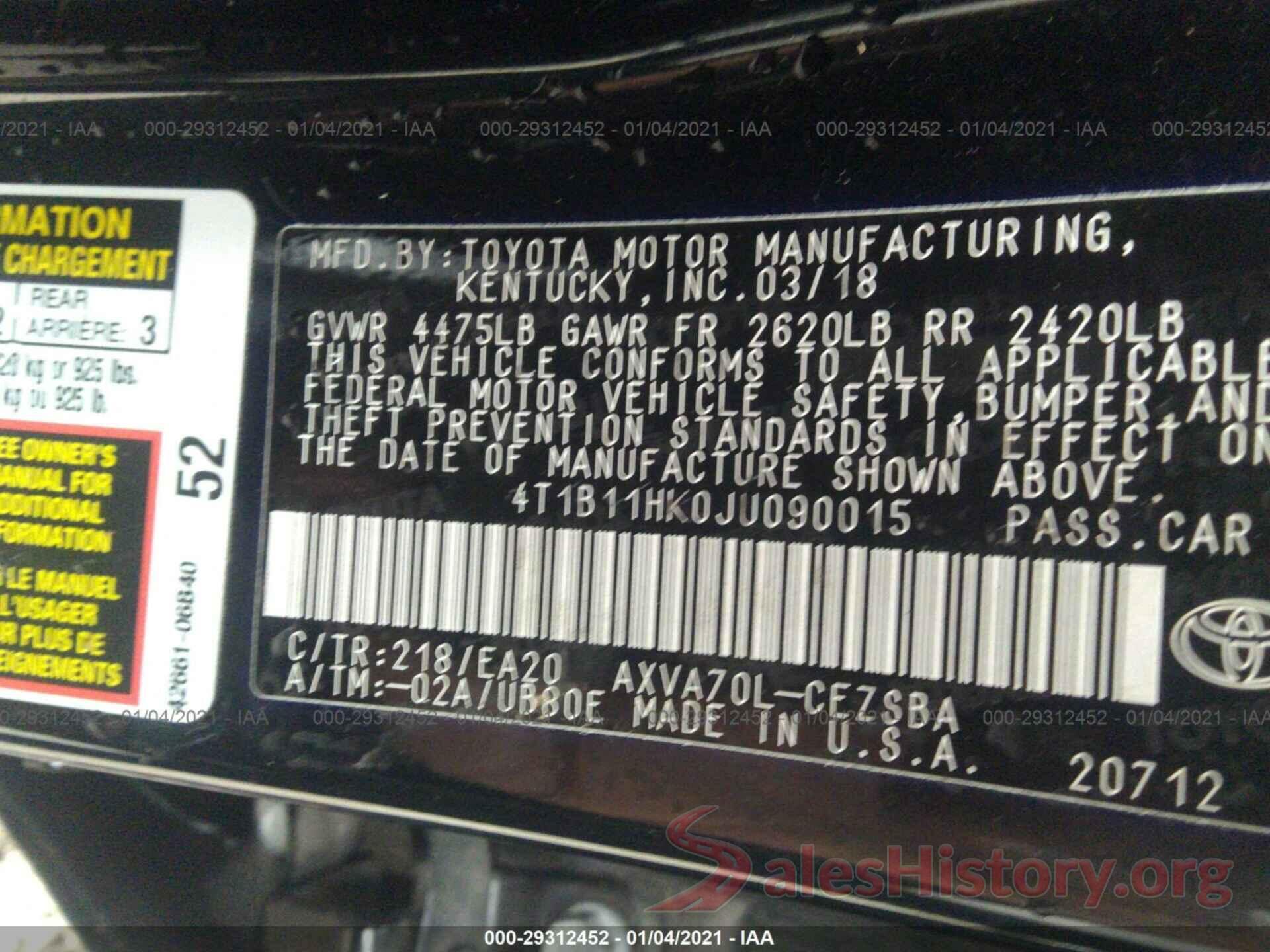 4T1B11HK0JU090015 2018 TOYOTA CAMRY