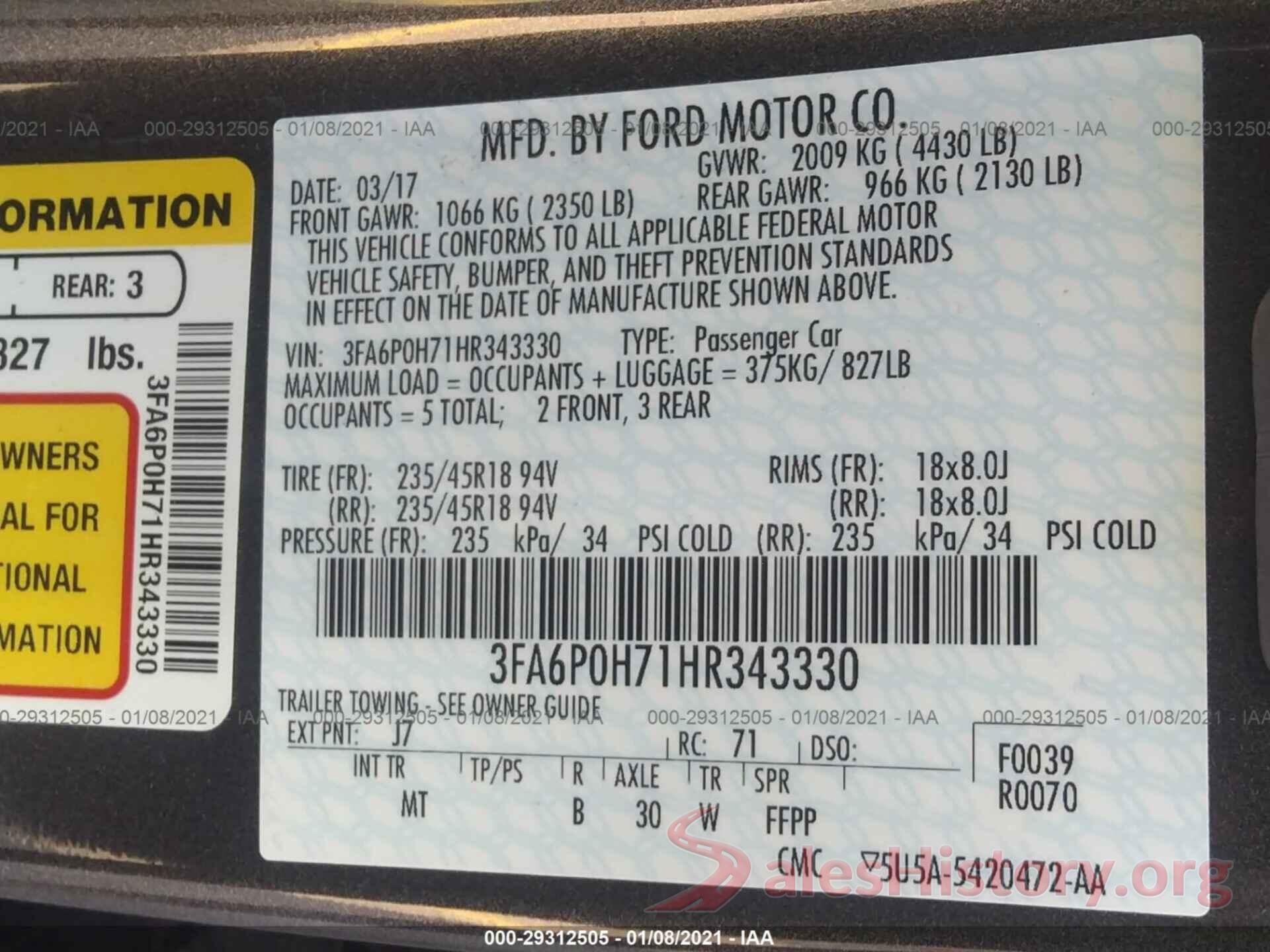 3FA6P0H71HR343330 2017 FORD FUSION