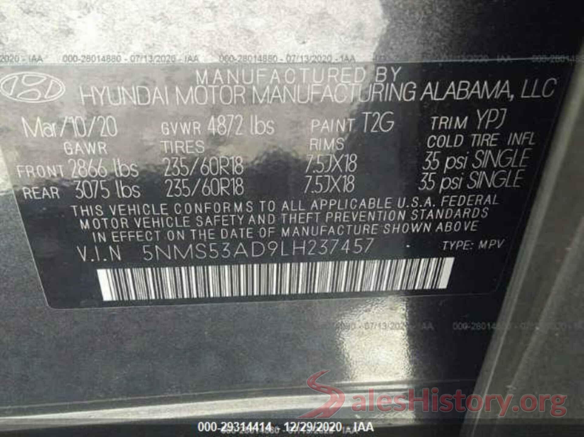 5NMS53AD9LH237457 2020 HYUNDAI SANTA FE