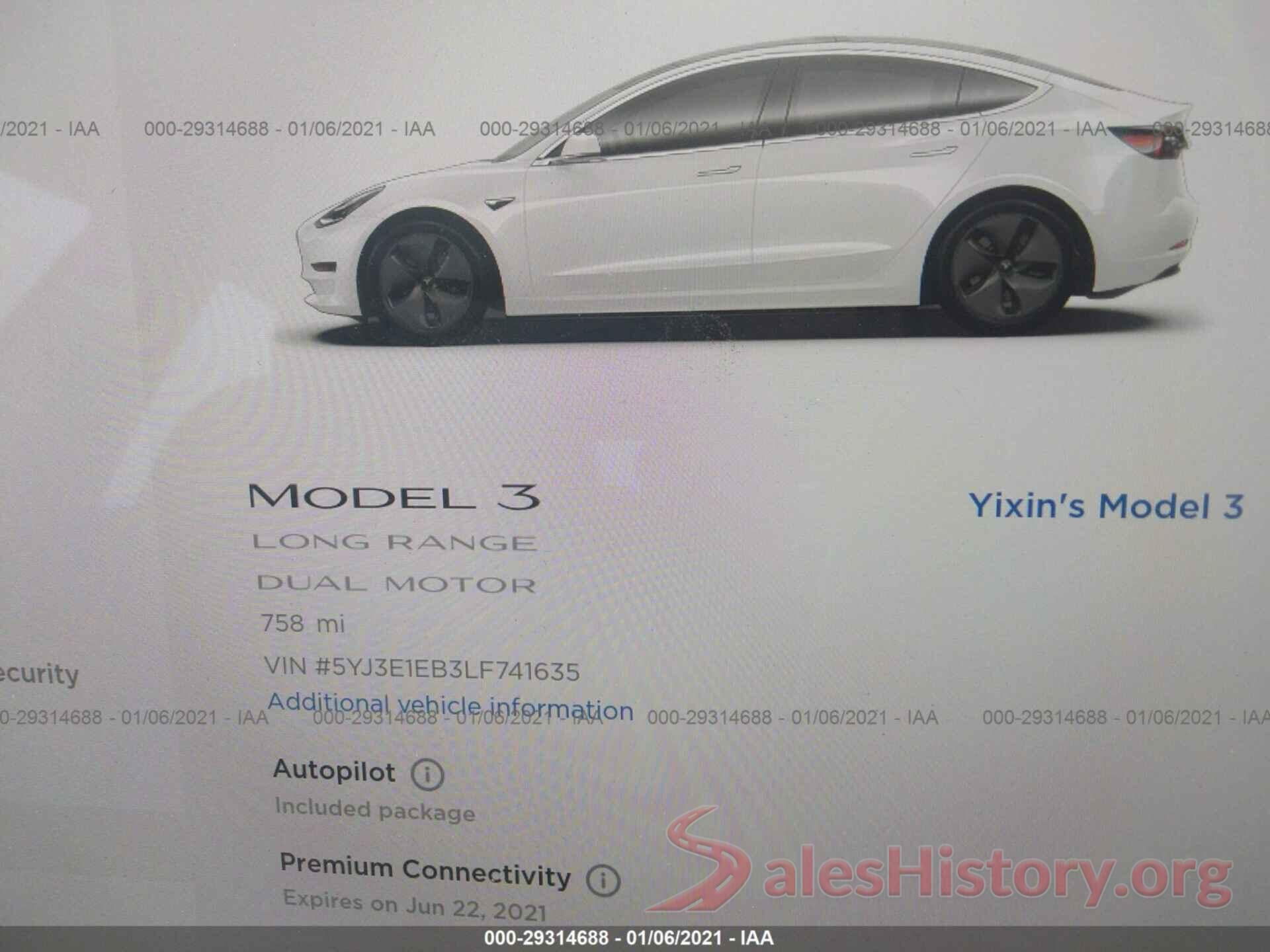 5YJ3E1EB3LF741635 2020 TESLA MODEL 3