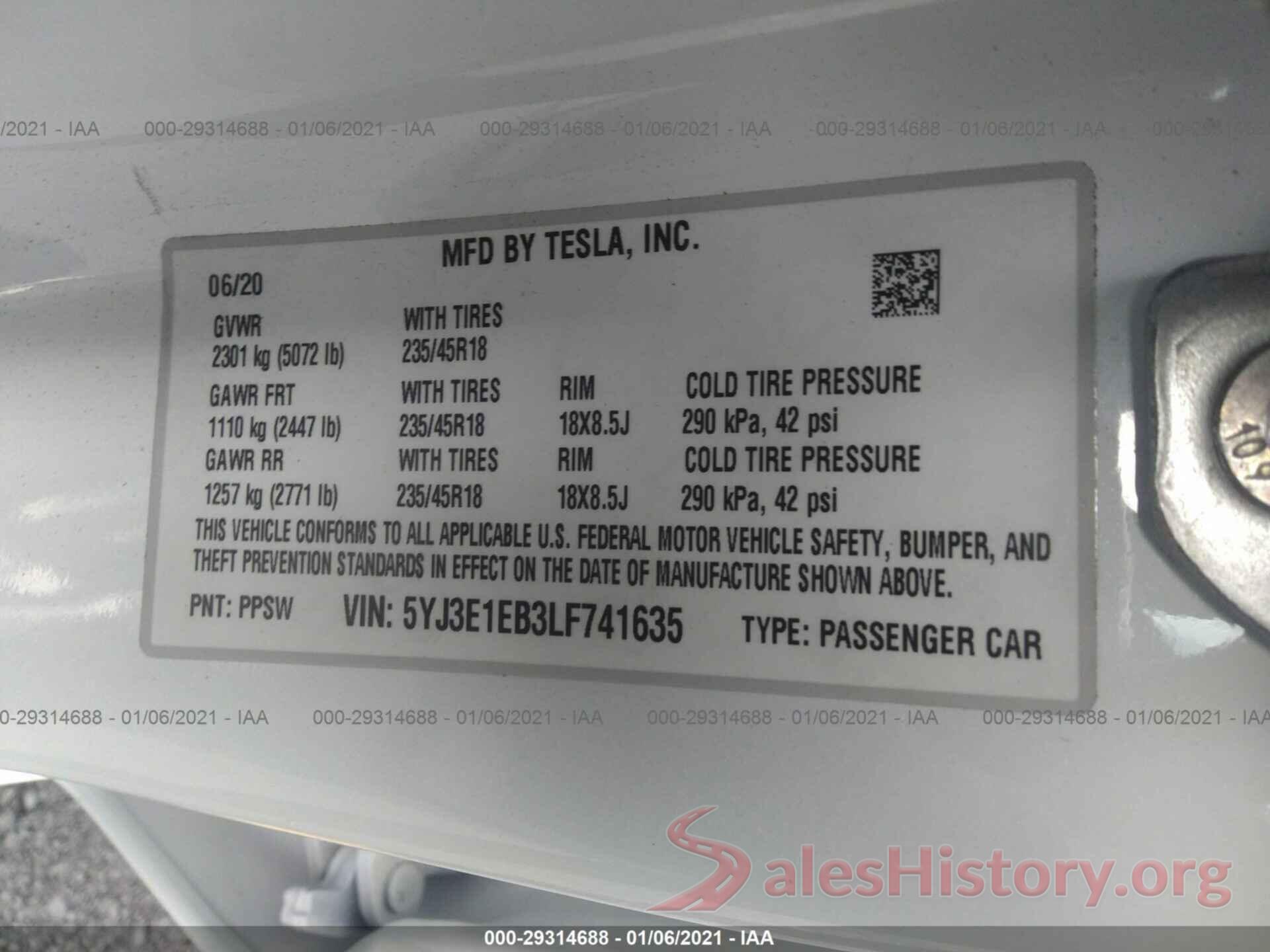 5YJ3E1EB3LF741635 2020 TESLA MODEL 3