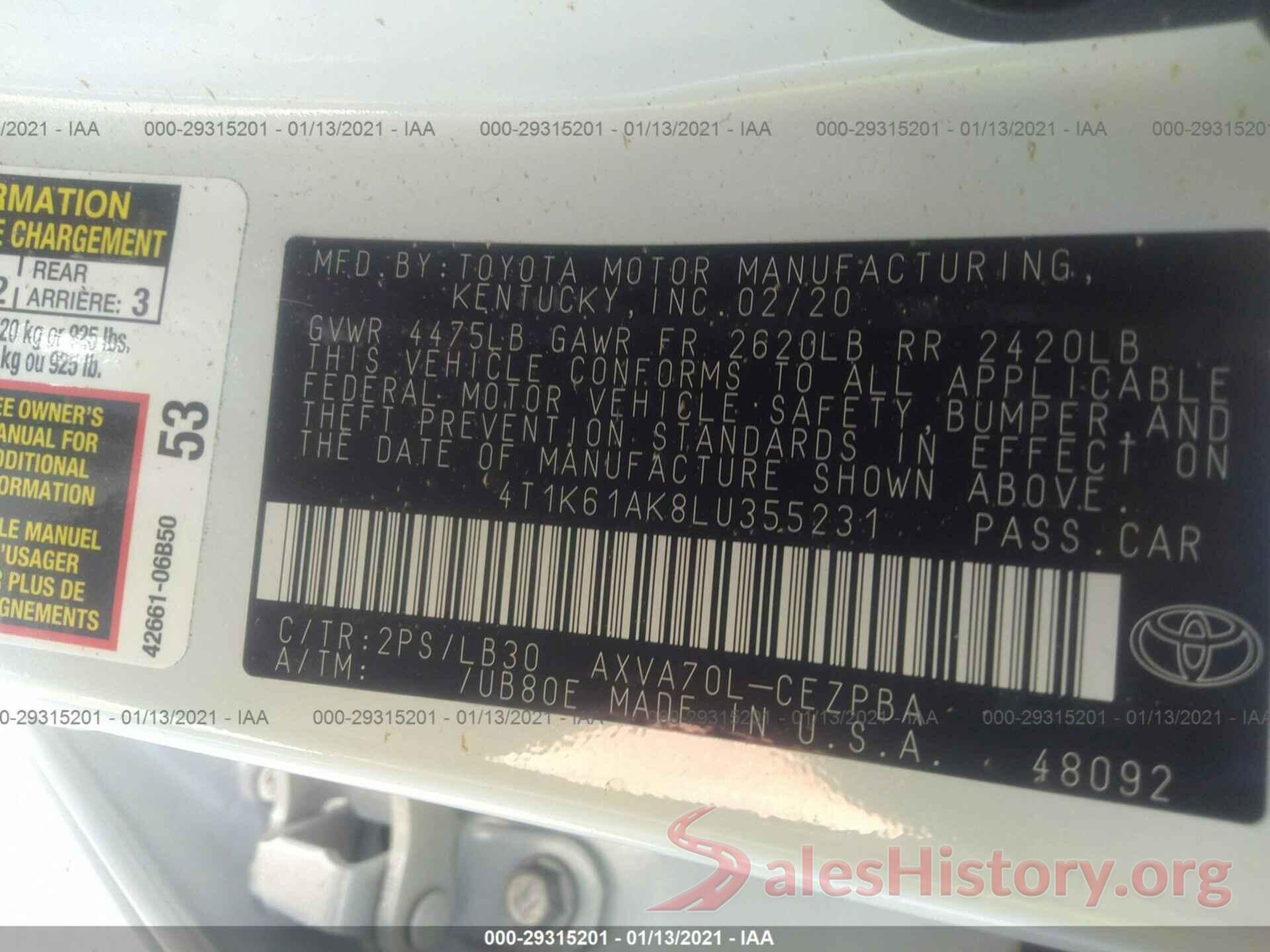 4T1K61AK8LU355231 2020 TOYOTA CAMRY