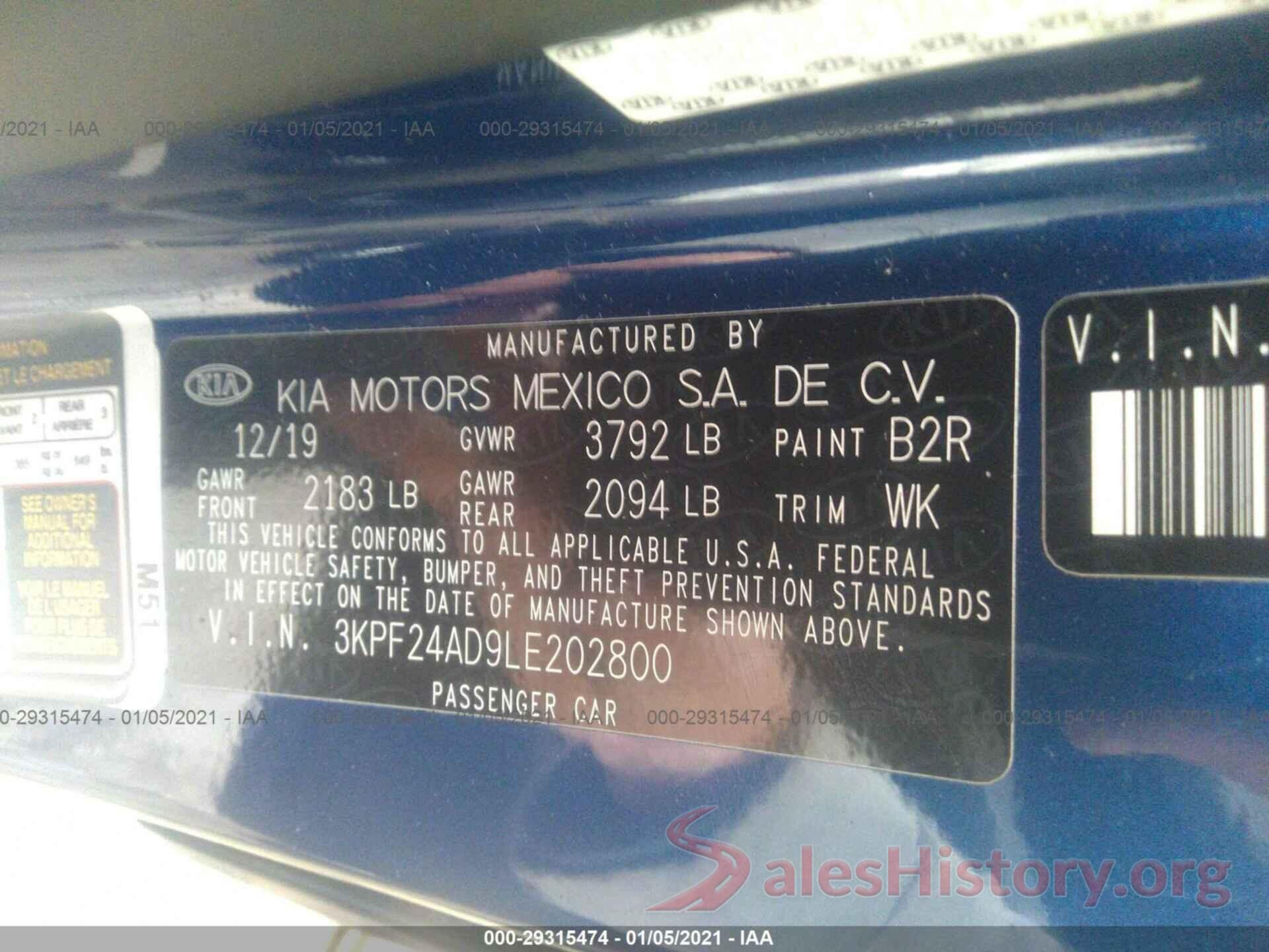 3KPF24AD9LE202800 2020 KIA FORTE