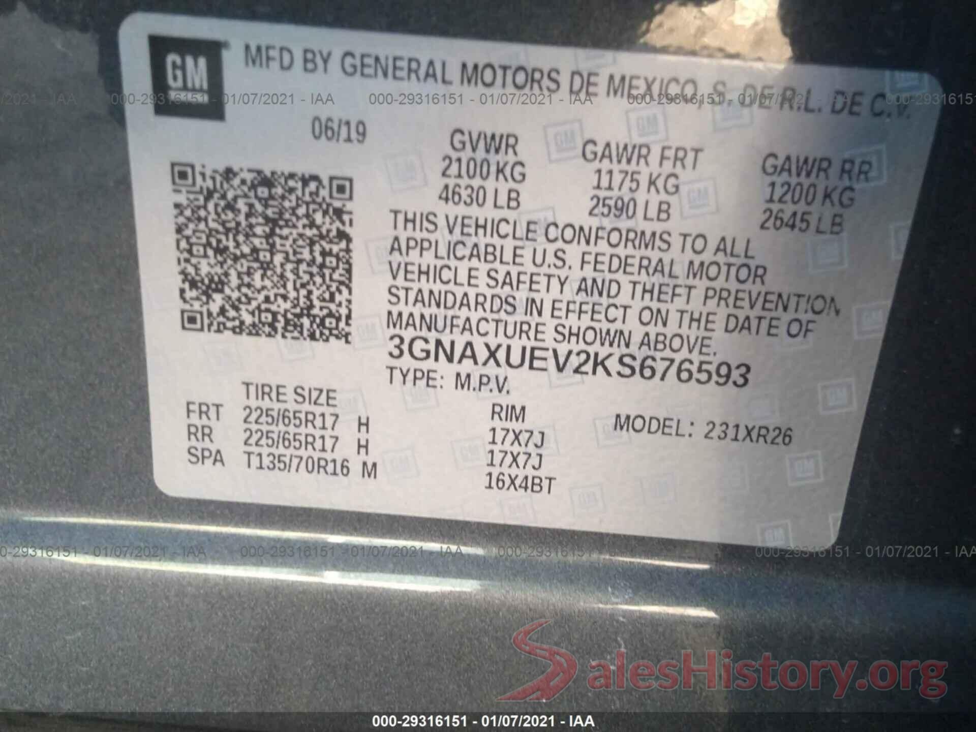 3GNAXUEV2KS676593 2019 CHEVROLET EQUINOX