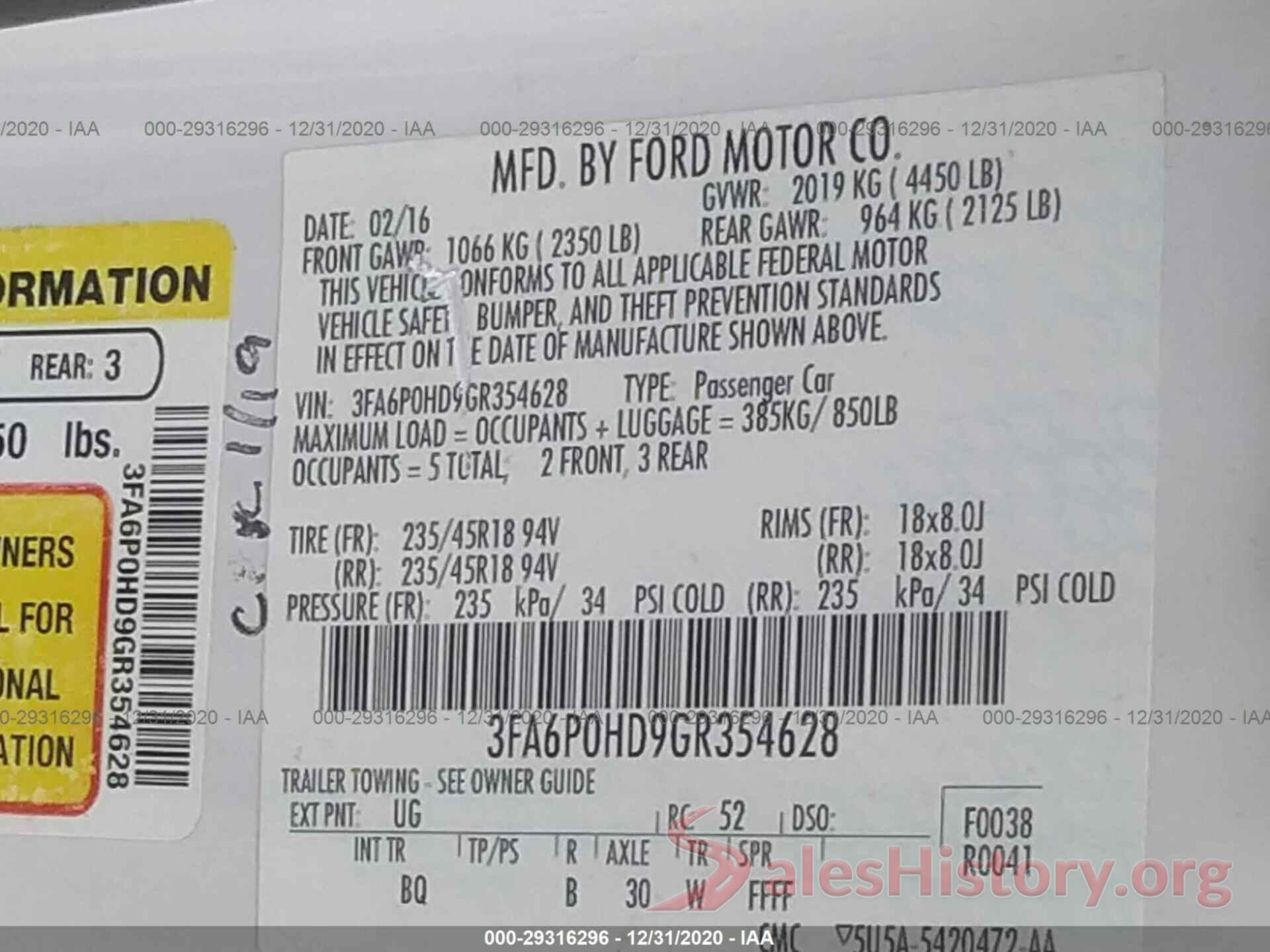 3FA6P0HD9GR354628 2016 FORD FUSION