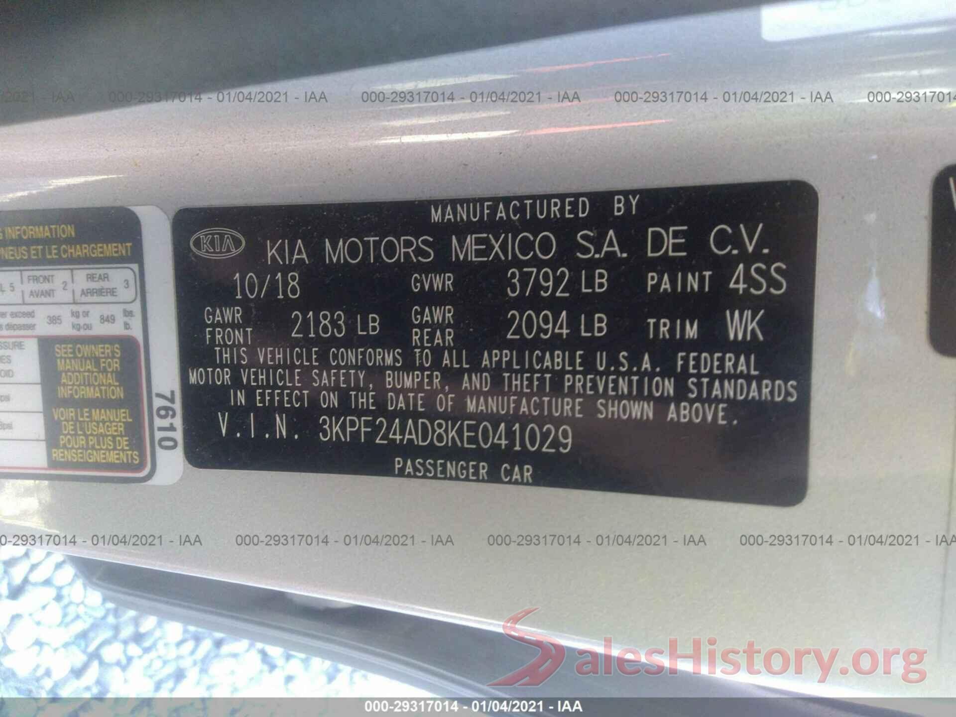 3KPF24AD8KE041029 2019 KIA FORTE