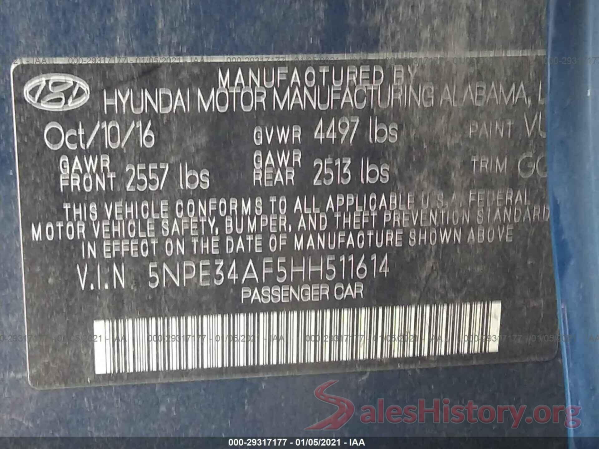 5NPE34AF5HH511614 2017 HYUNDAI SONATA