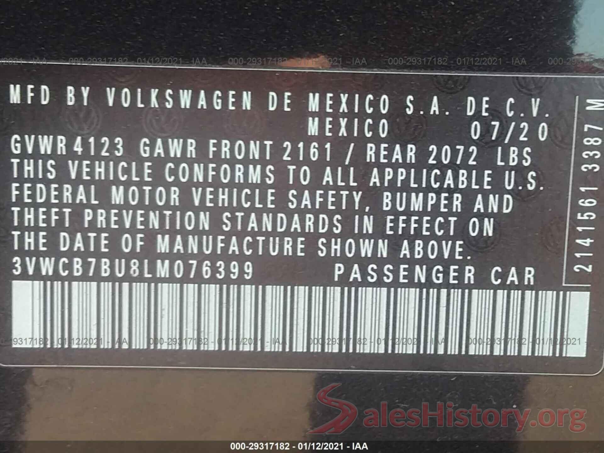 3VWCB7BU8LM076399 2020 VOLKSWAGEN JETTA