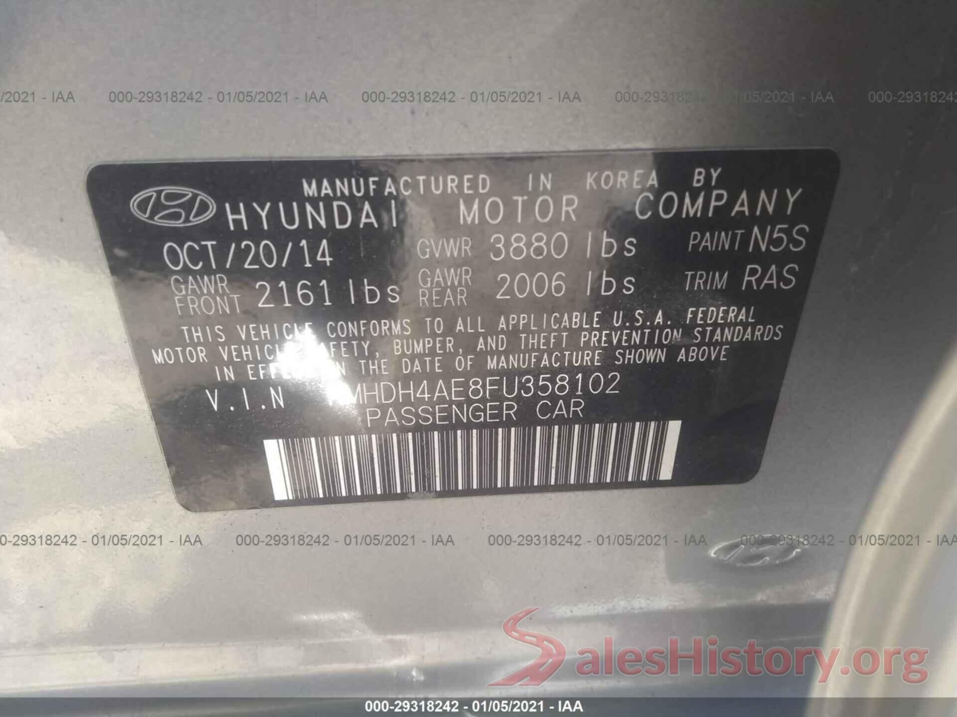 KMHDH4AE8FU358102 2015 HYUNDAI ELANTRA