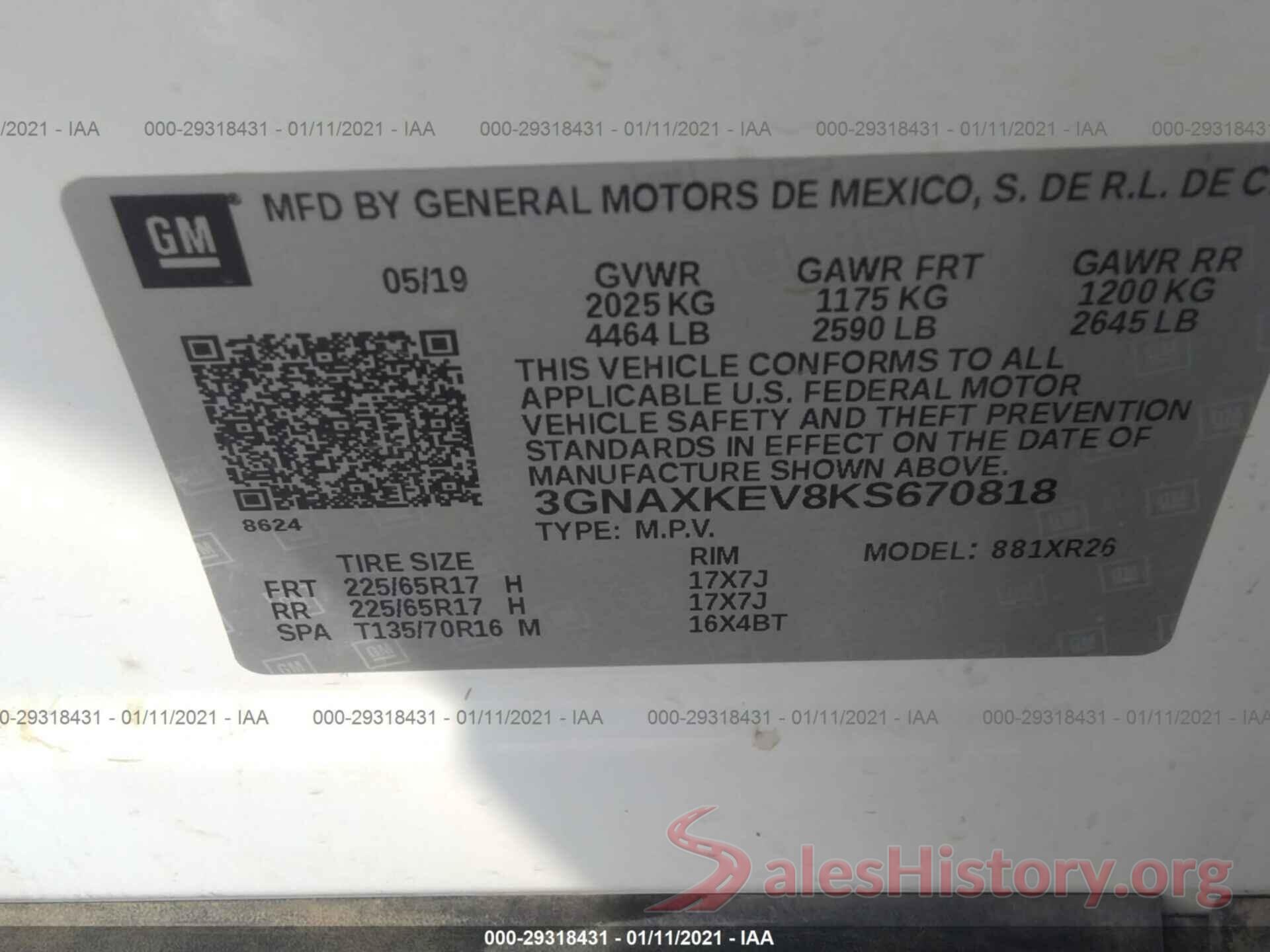 3GNAXKEV8KS670818 2019 CHEVROLET EQUINOX