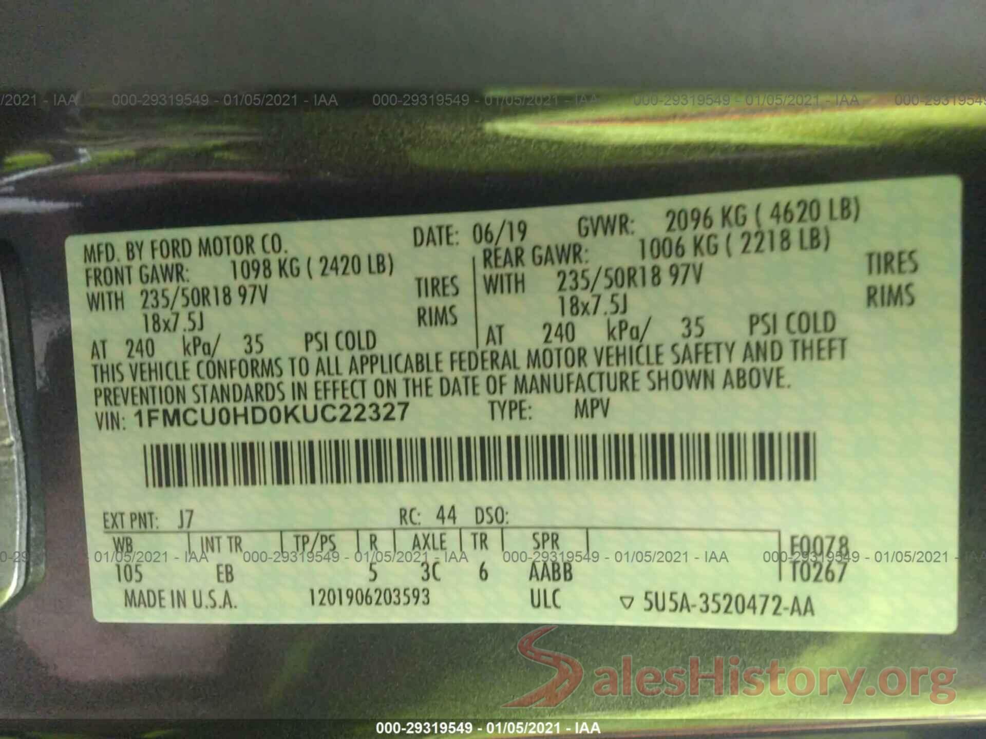 1FMCU0HD0KUC22327 2019 FORD ESCAPE