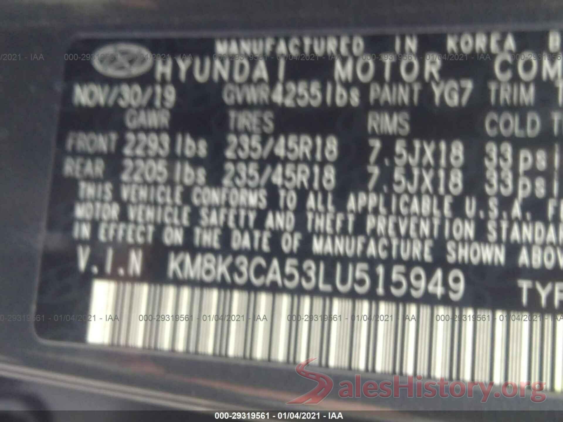 KM8K3CA53LU515949 2020 HYUNDAI KONA