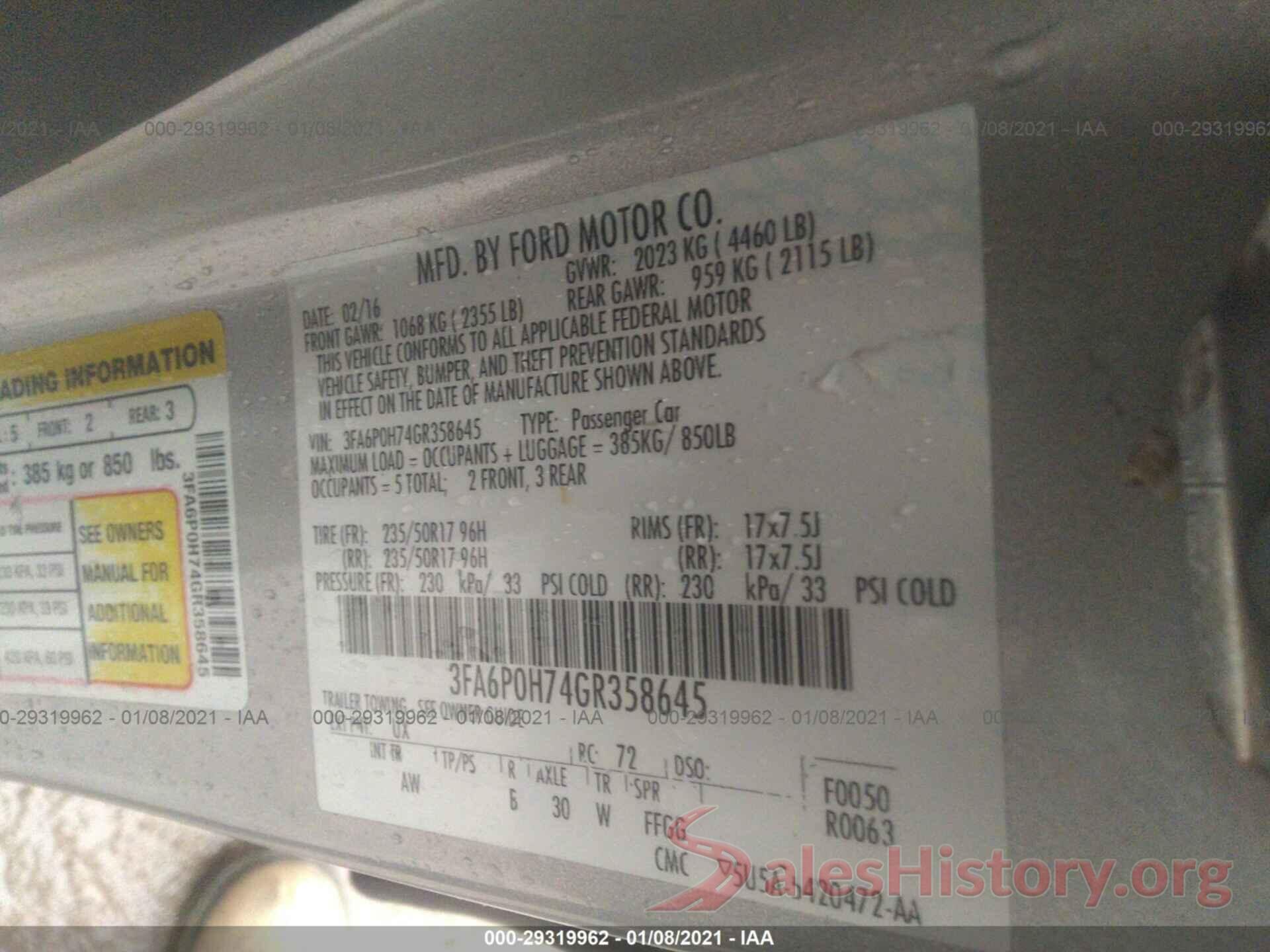 3FA6P0H74GR358645 2016 FORD FUSION