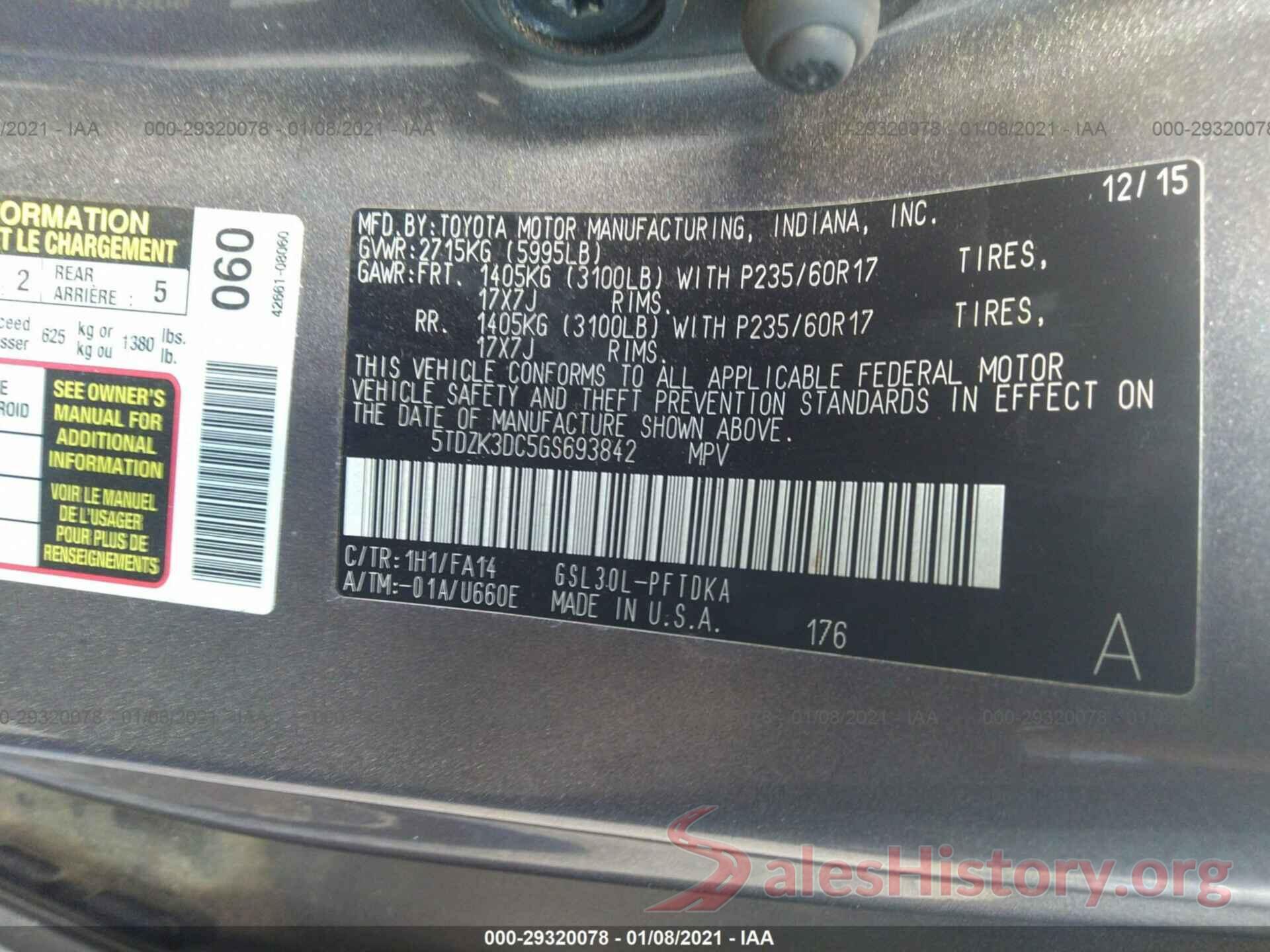 5TDZK3DC5GS693842 2016 TOYOTA SIENNA