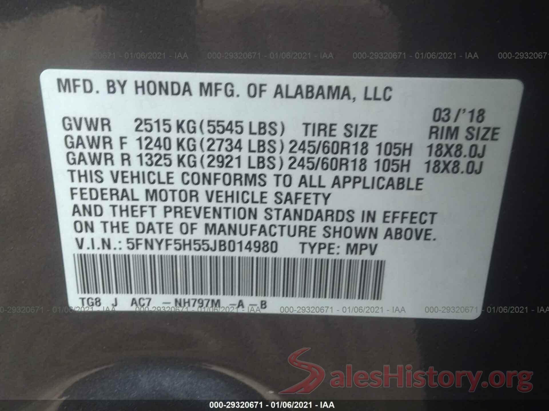 5FNYF5H55JB014980 2018 HONDA PILOT