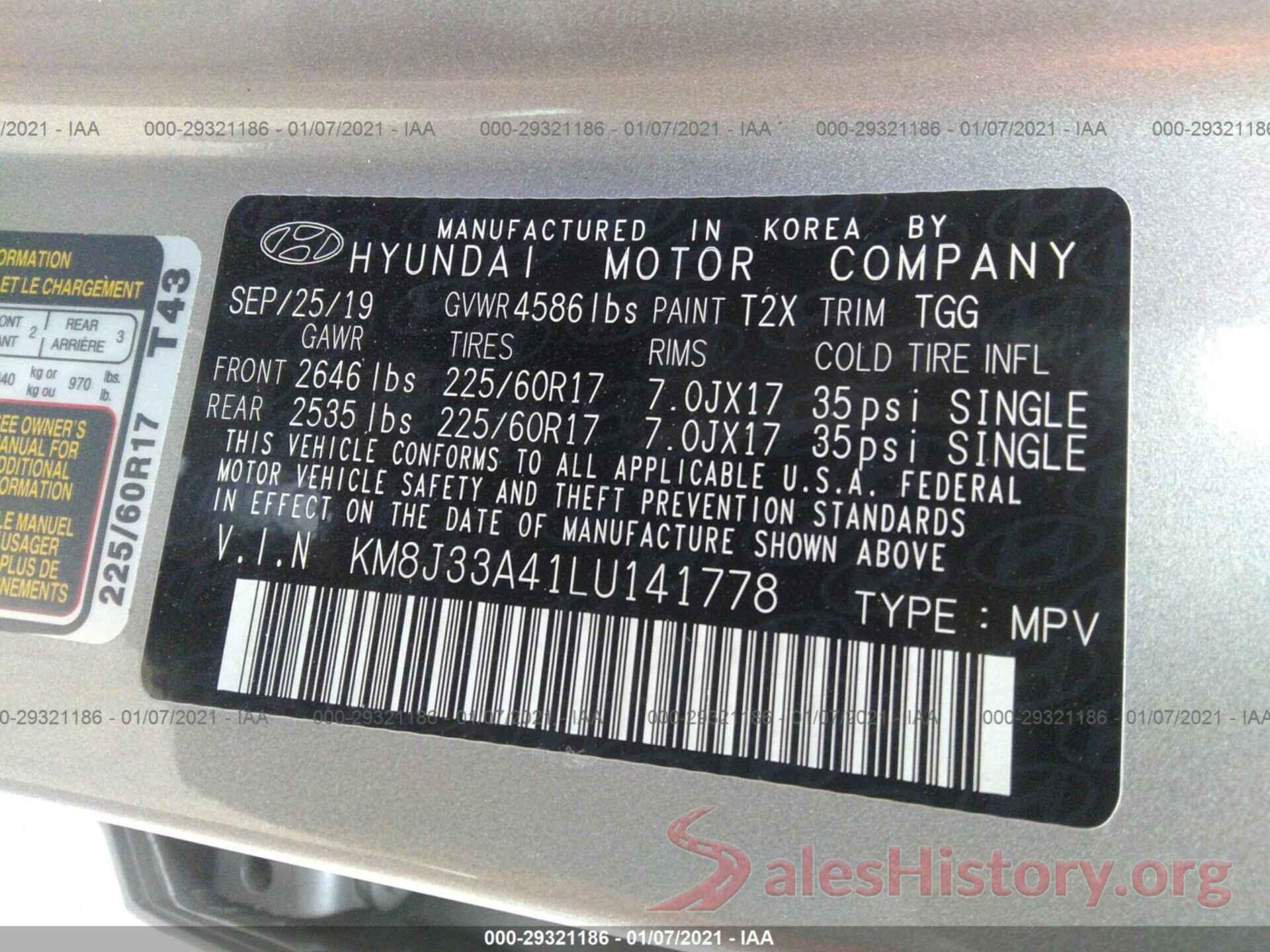 KM8J33A41LU141778 2020 HYUNDAI TUCSON