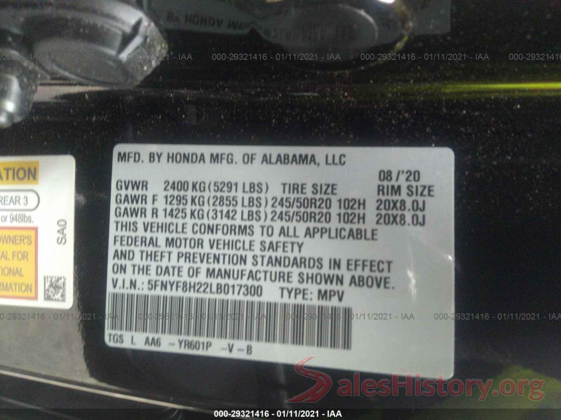 5FNYF8H22LB017300 2020 HONDA PASSPORT