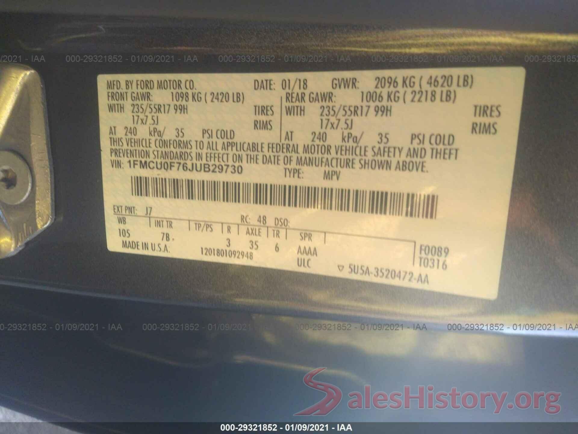 1FMCU0F76JUB29730 2018 FORD ESCAPE