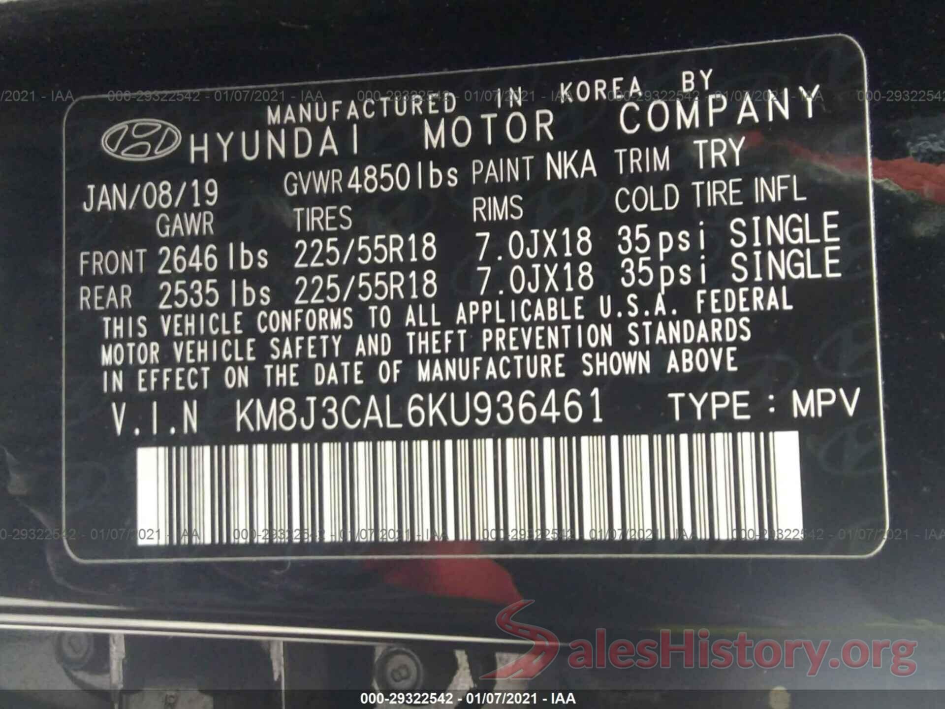 KM8J3CAL6KU936461 2019 HYUNDAI TUCSON