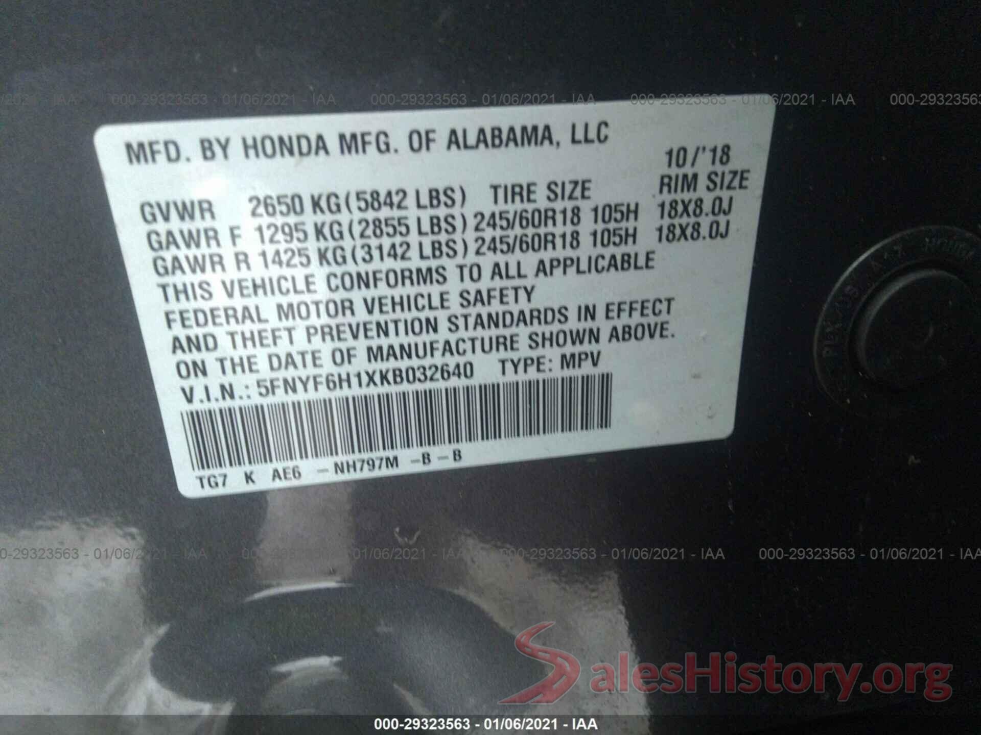 5FNYF6H1XKB032640 2019 HONDA PILOT