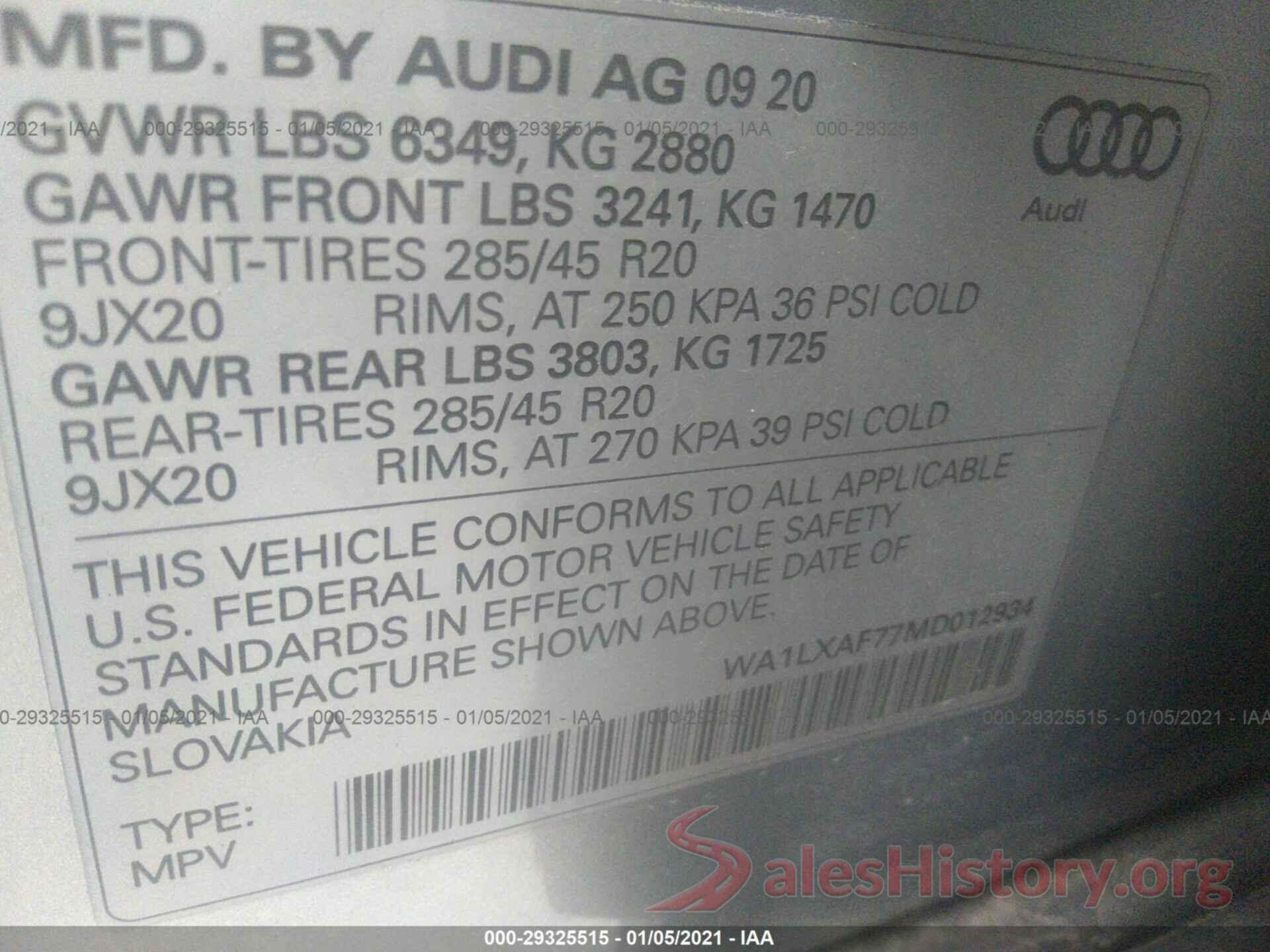 WA1LXAF77MD012934 2021 AUDI Q7