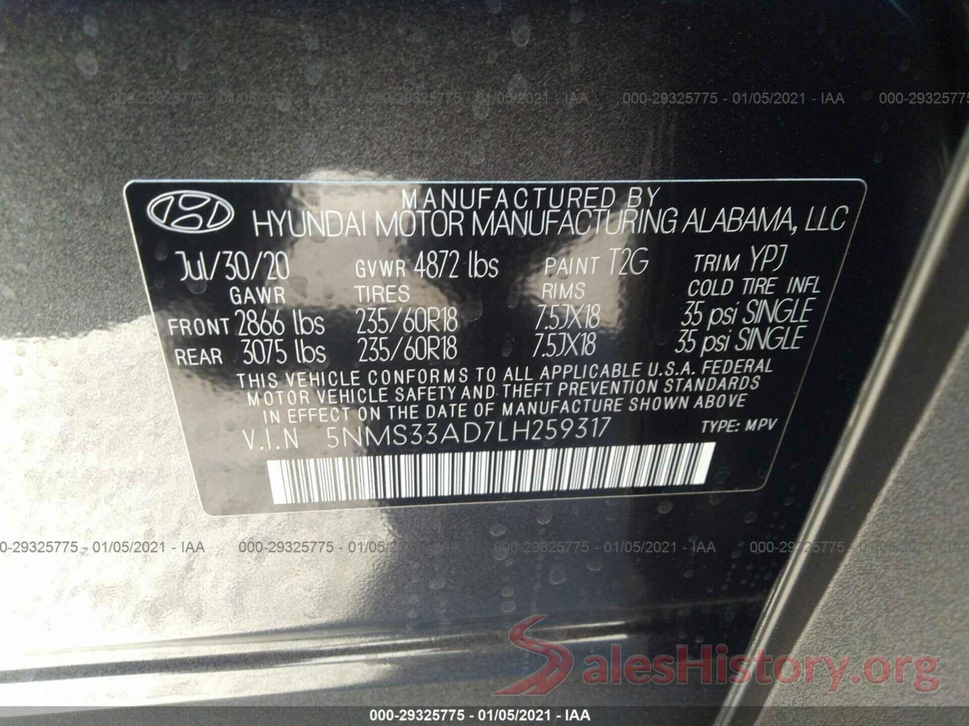 5NMS33AD7LH259317 2020 HYUNDAI SANTA FE