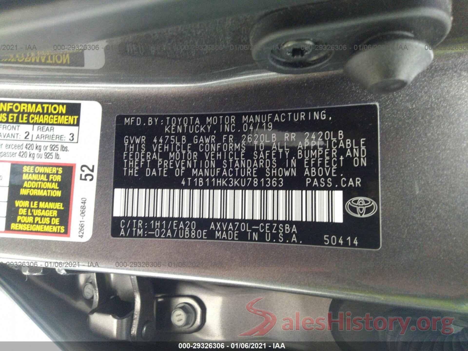 4T1B11HK3KU781363 2019 TOYOTA CAMRY