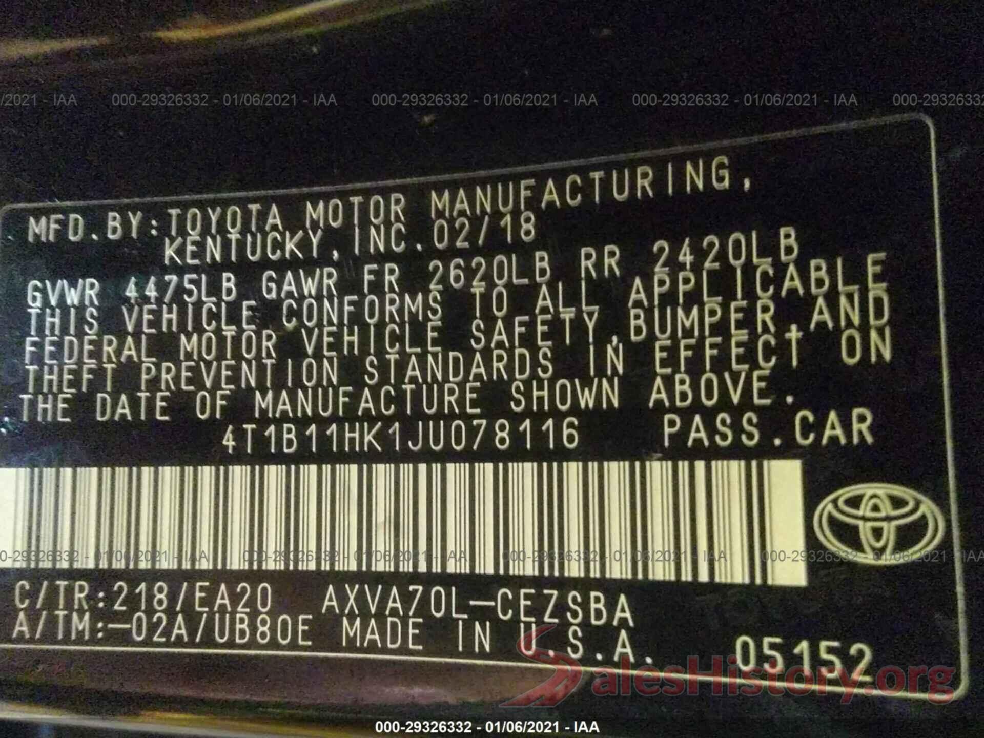 4T1B11HK1JU078116 2018 TOYOTA CAMRY