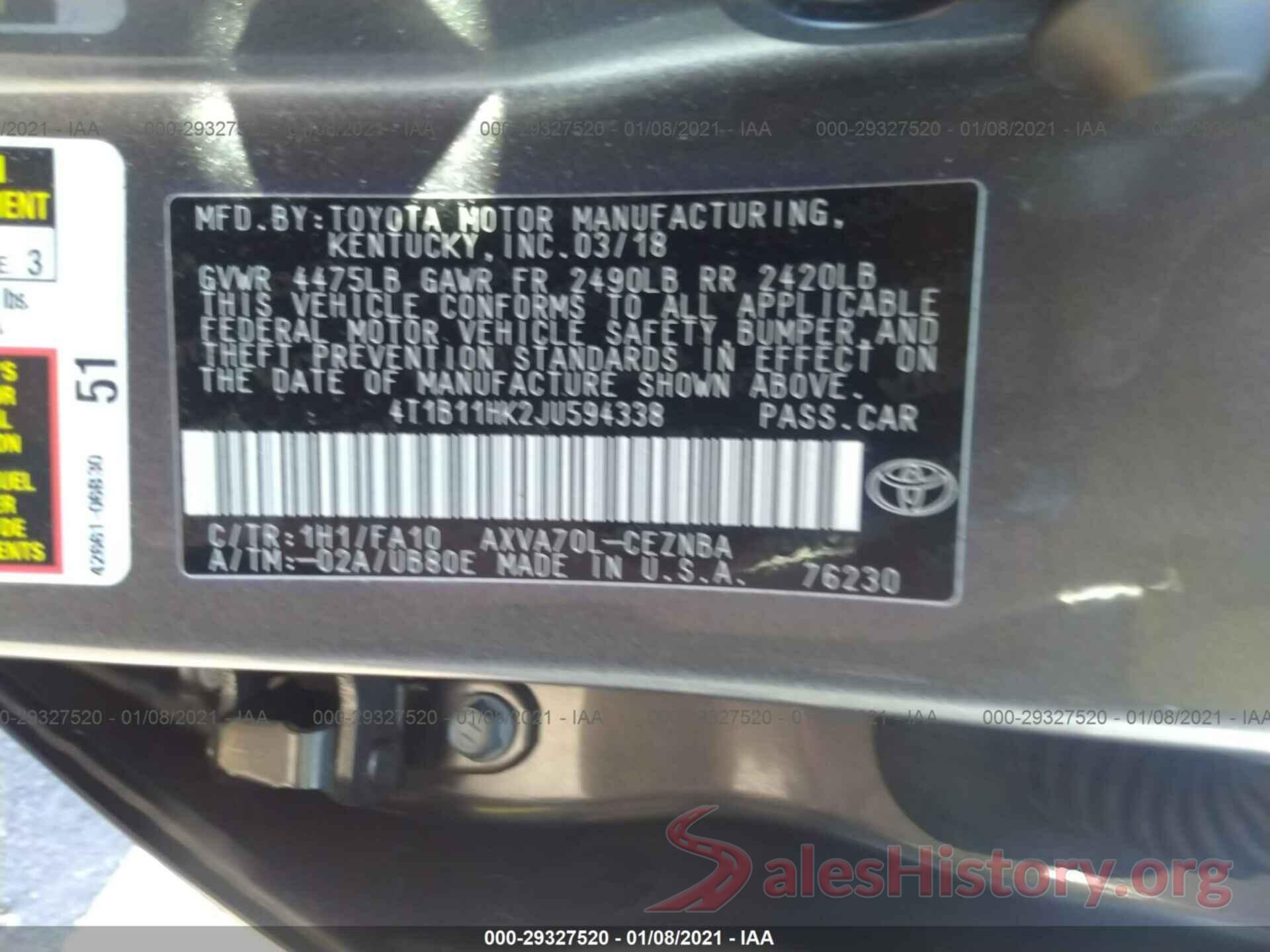 4T1B11HK2JU594338 2018 TOYOTA CAMRY