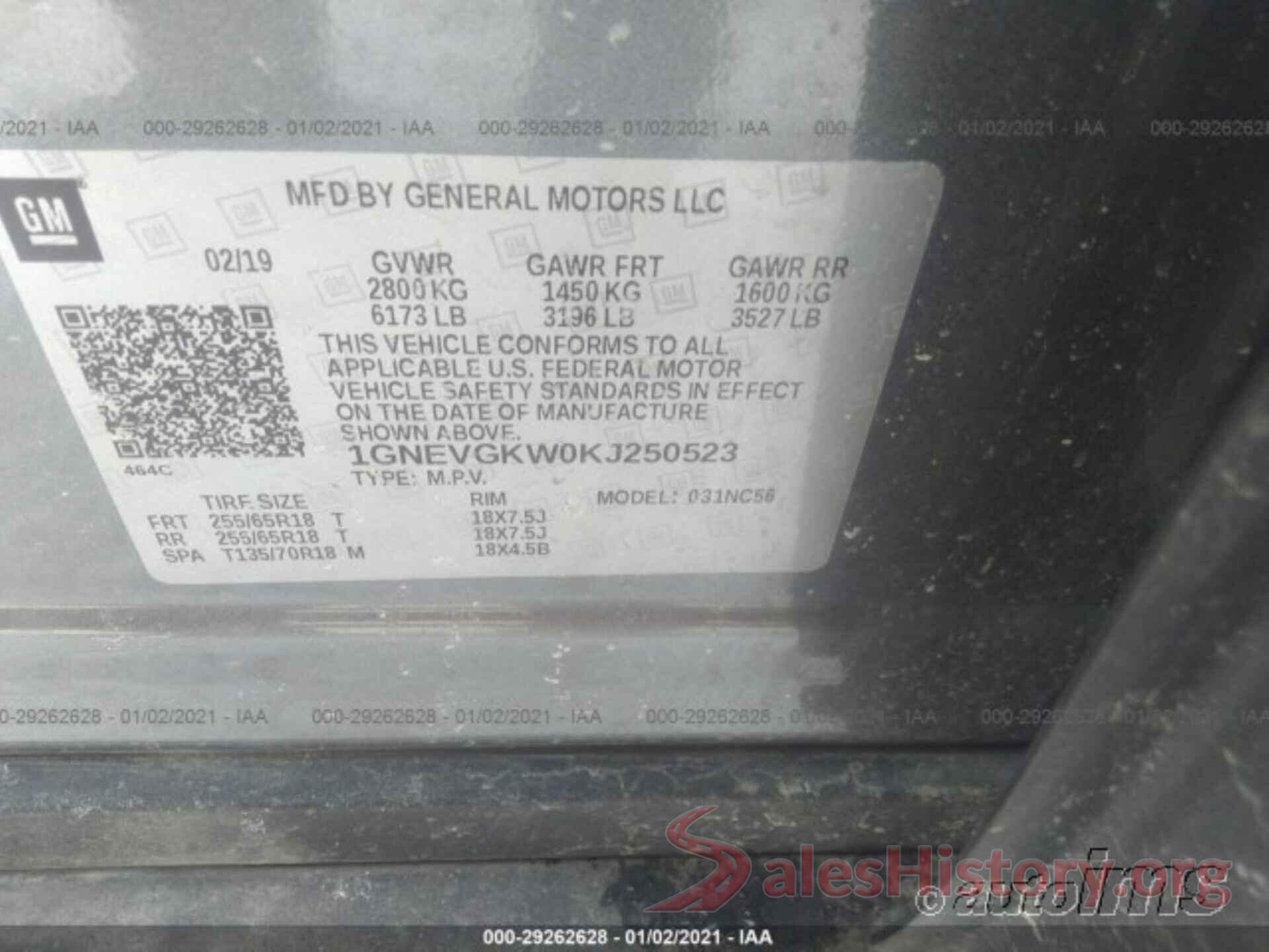 1GNEVGKW0KJ250523 2019 CHEVROLET TRAVERSE