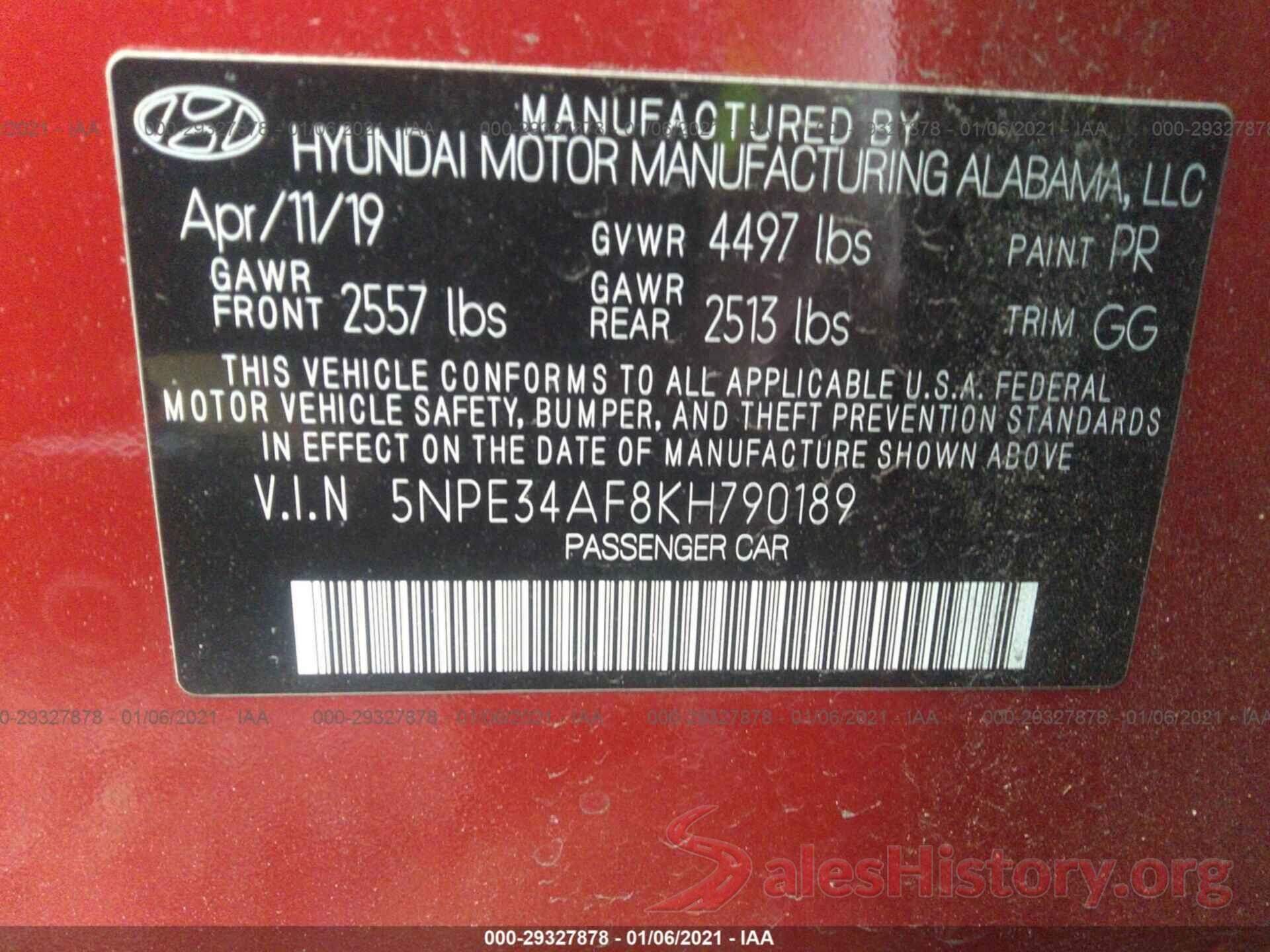 5NPE34AF8KH790189 2019 HYUNDAI SONATA