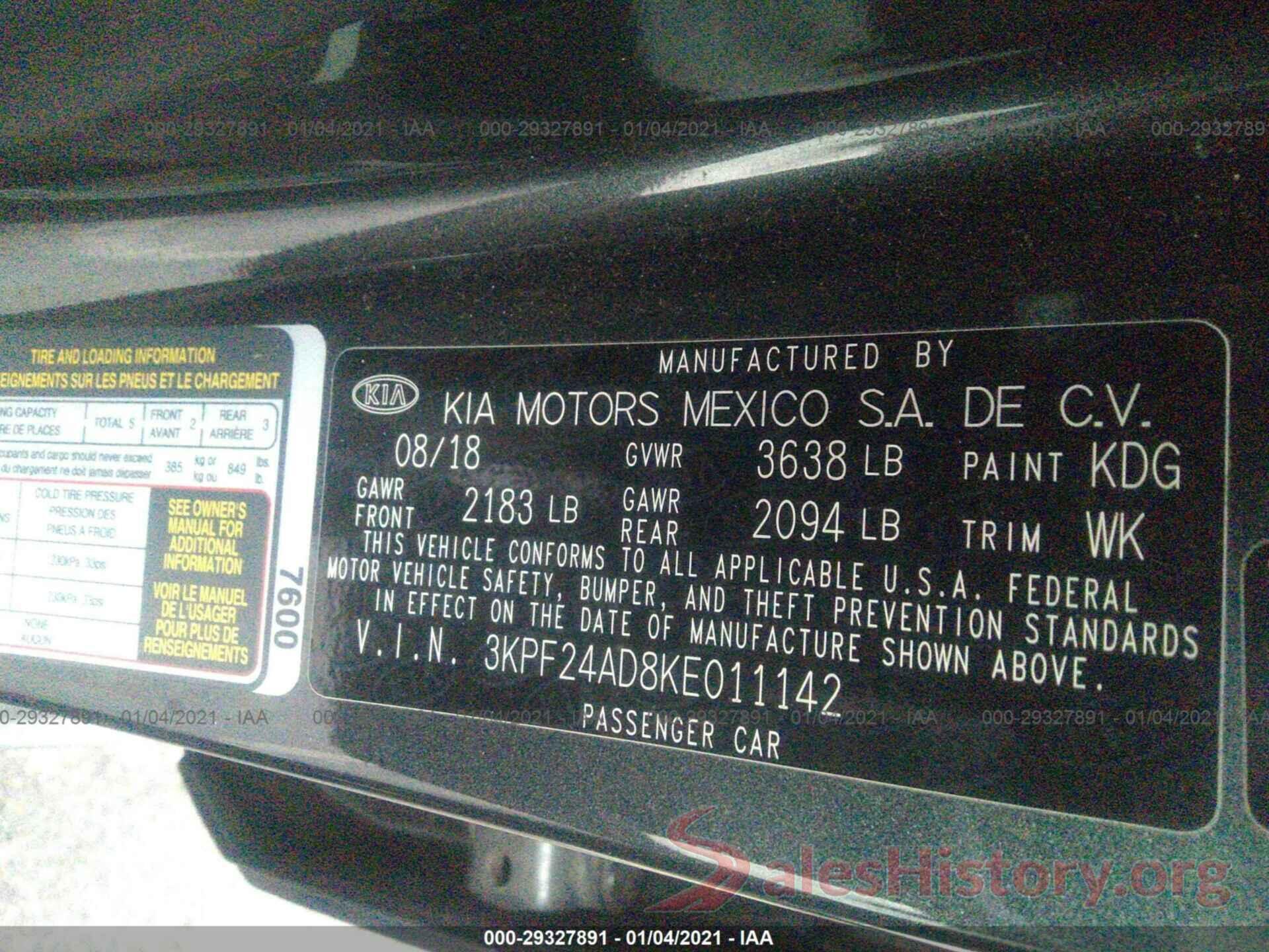 3KPF24AD8KE011142 2019 KIA FORTE