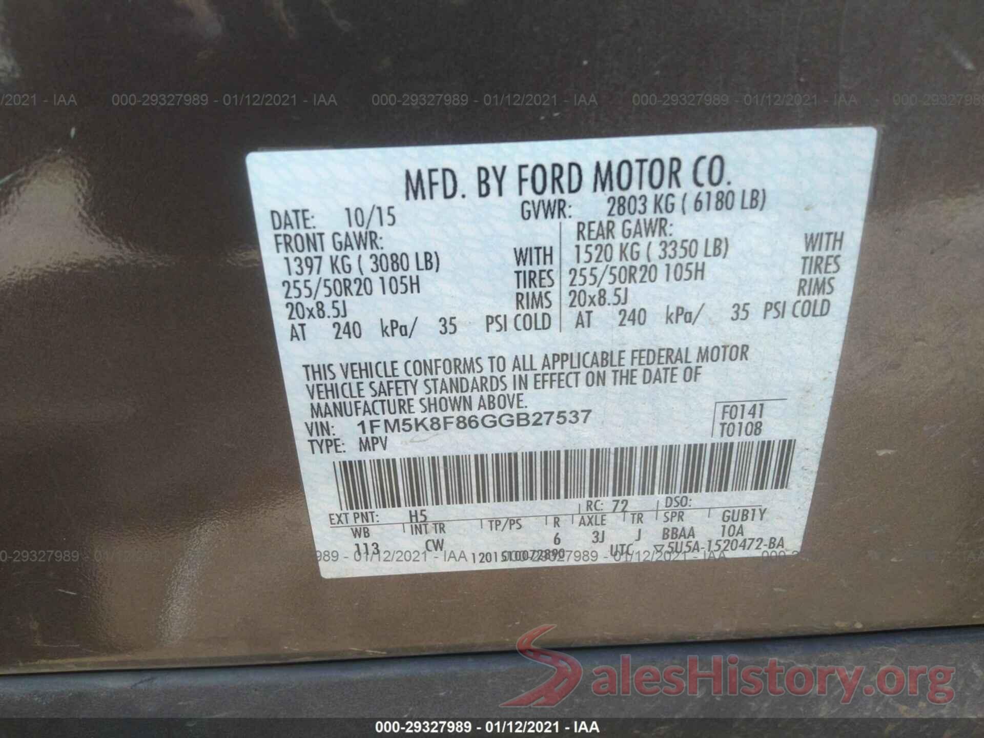 1FM5K8F86GGB27537 2016 FORD EXPLORER