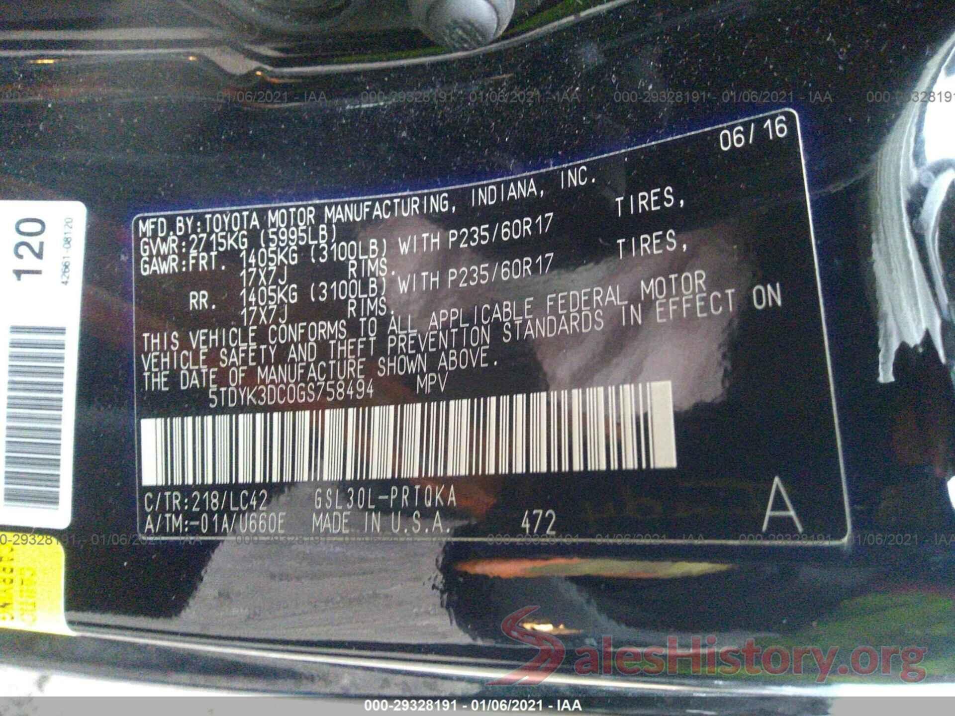 5TDYK3DC0GS758494 2016 TOYOTA SIENNA